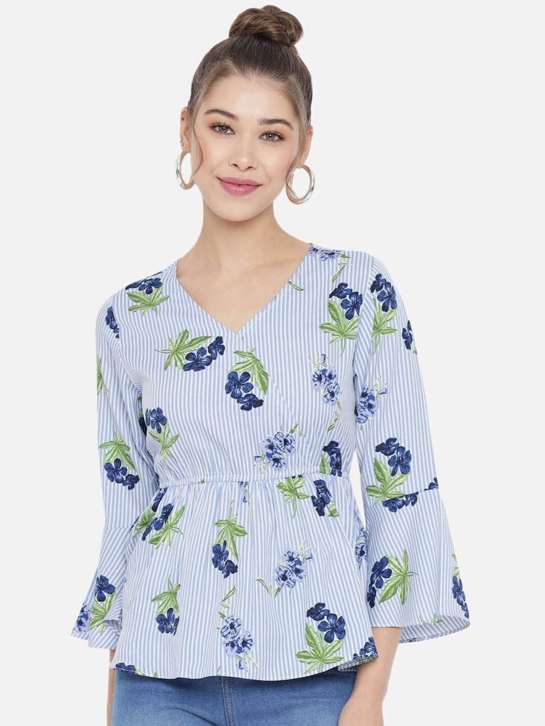 

Slenor Floral Printed V-Neck Bell Sleeves Peplum Top, Blue