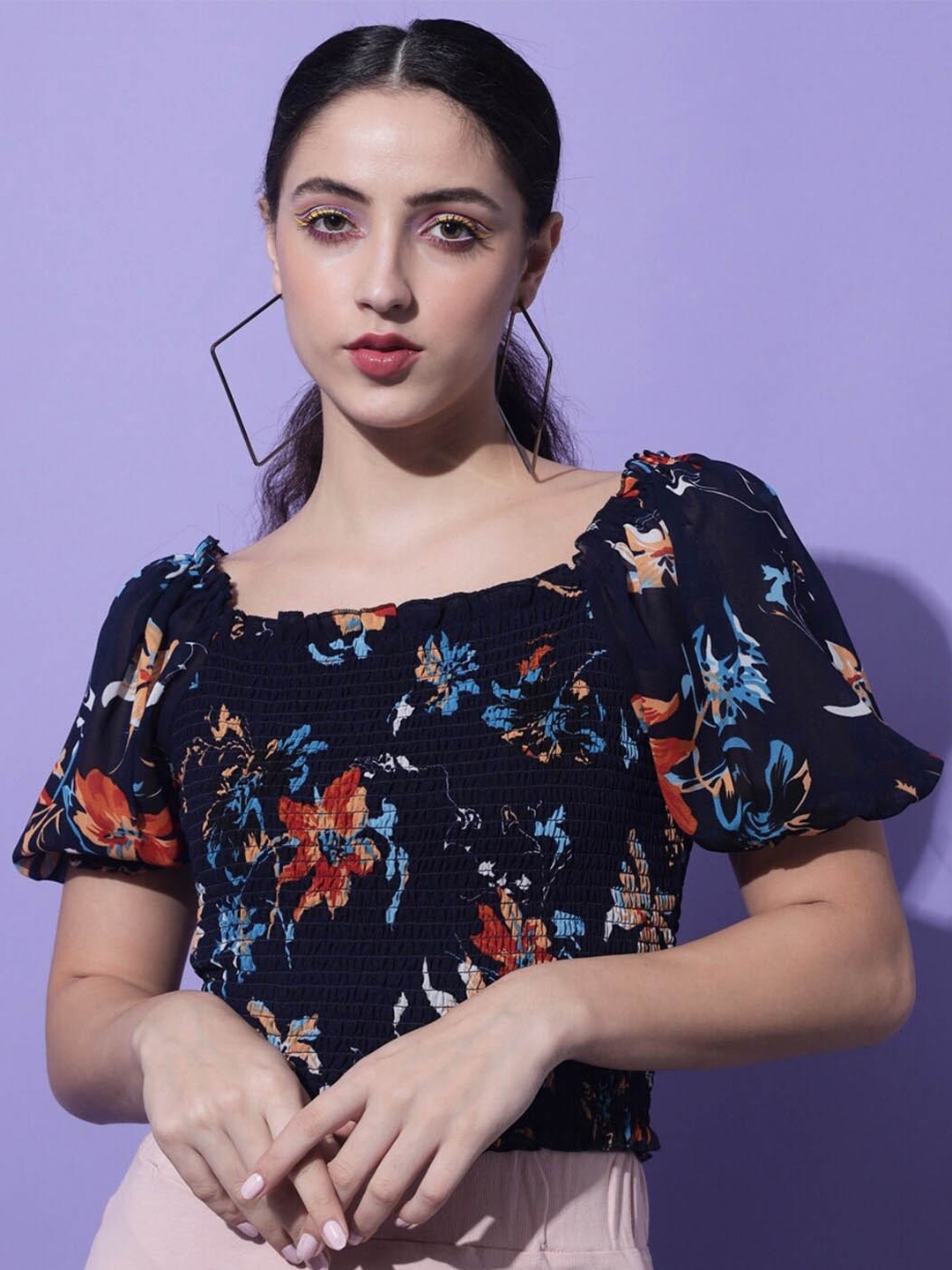 

Slenor Floral Printed Square Neck Puff Sleeves Crop Fitted Top, Navy blue