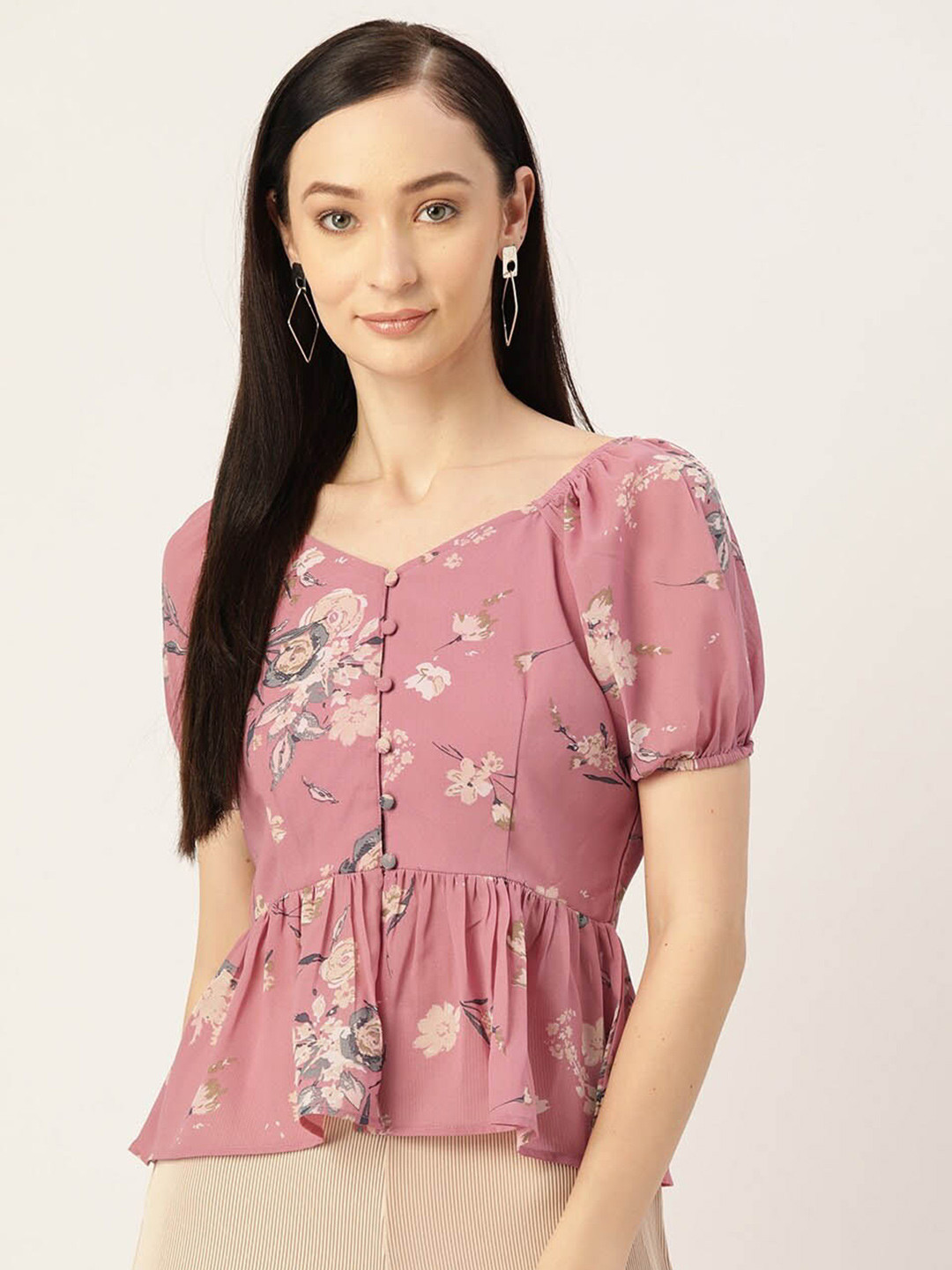 

Slenor Floral Printed V-Neck Puff Sleeve Peplum Top, Pink