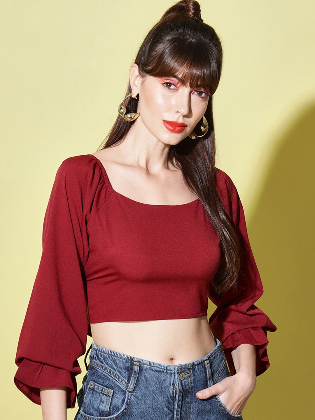 

Slenor Square Neck Puff Sleeves Crop Top, Maroon