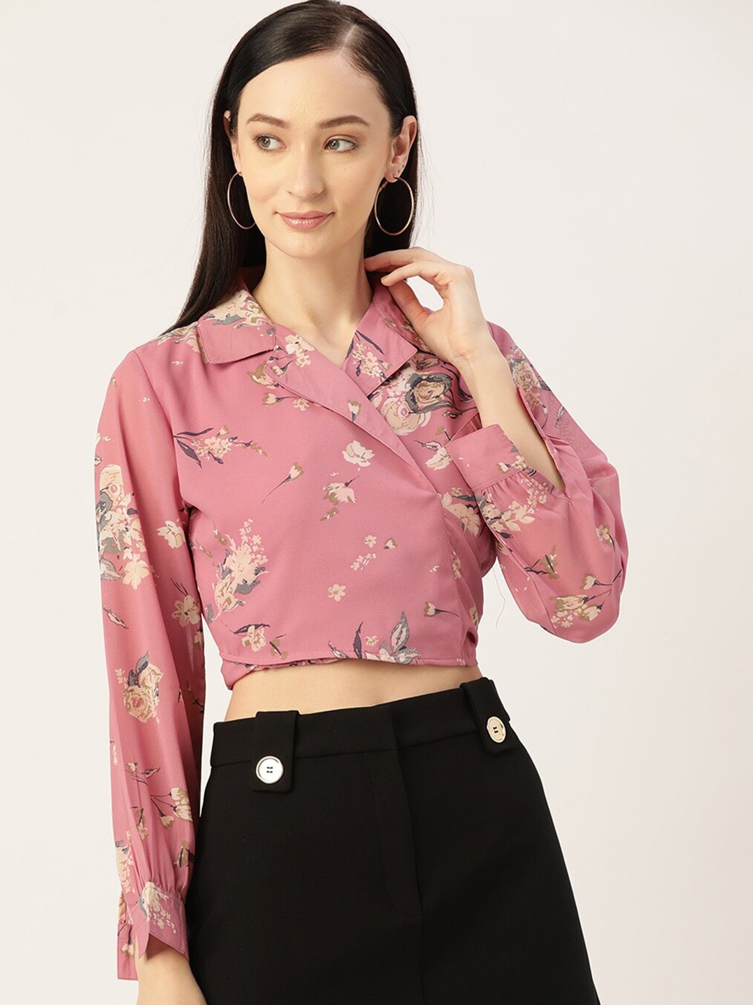 

Slenor Floral Printed Shirt Collar Wrap Crop Top, Blue