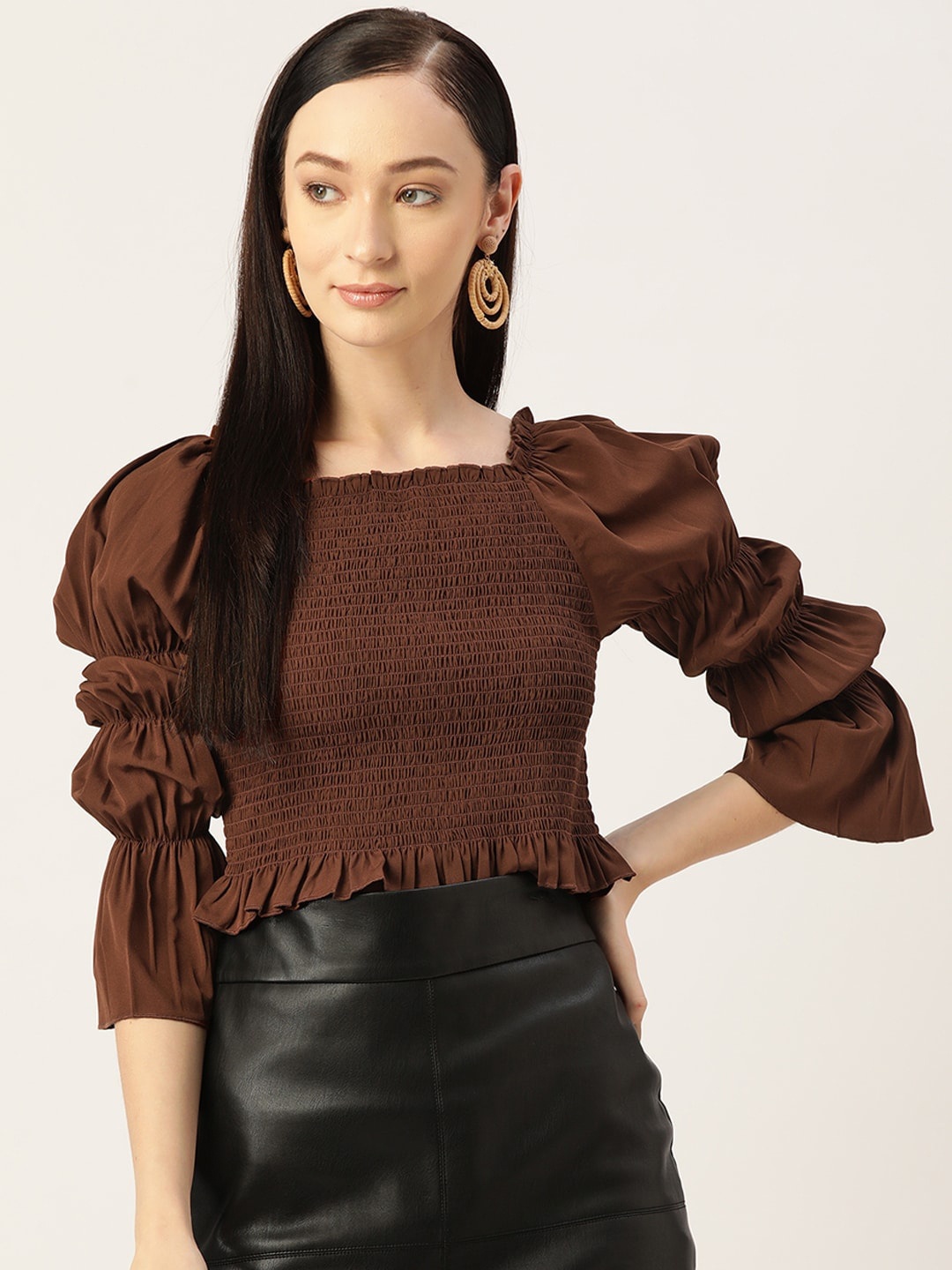 

Slenor Square Neck Puff Sleeve Smocked Crepe Top, Brown