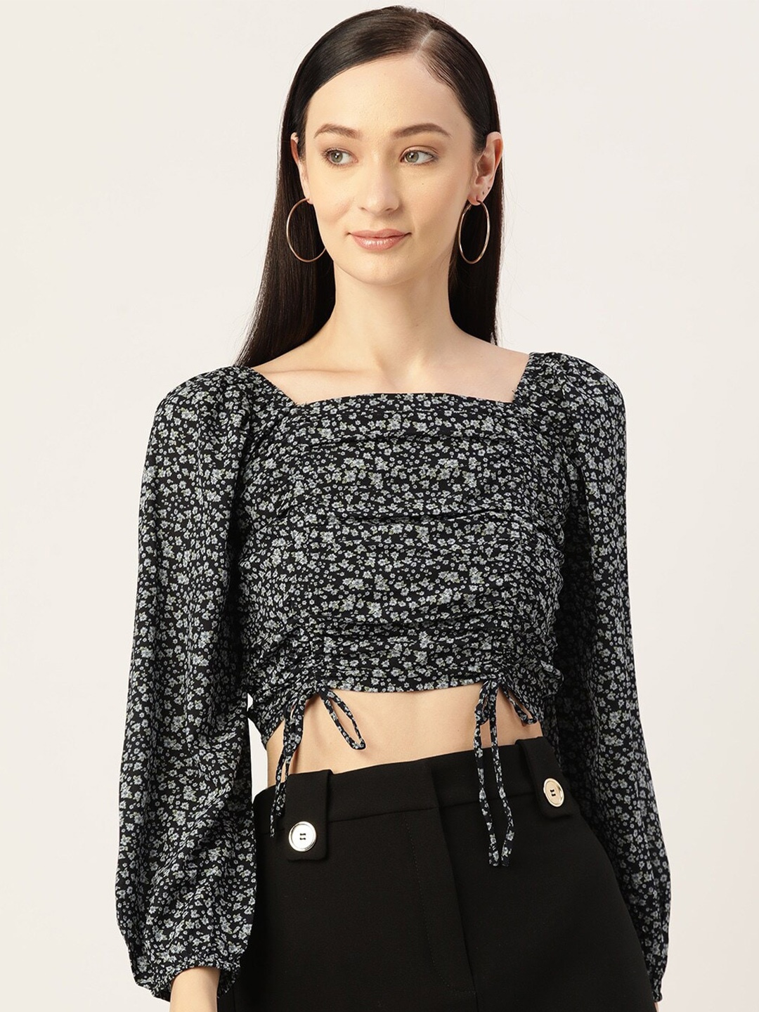 

Slenor Square Neck loral Print Puff Sleeve Georgette Crop Top, Blue