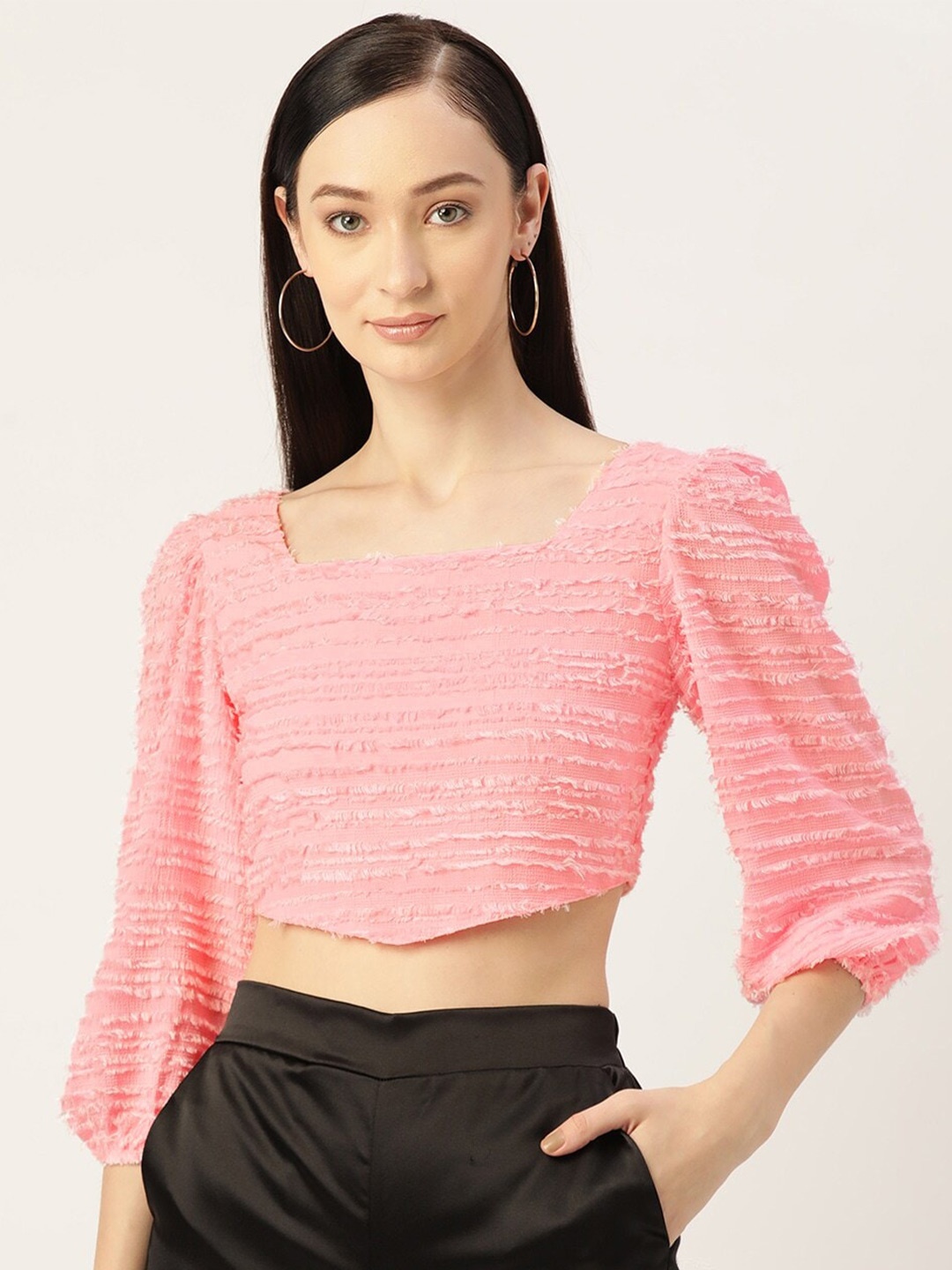Slenor Square Neck Puff Sleeve Crop Top, Pink
