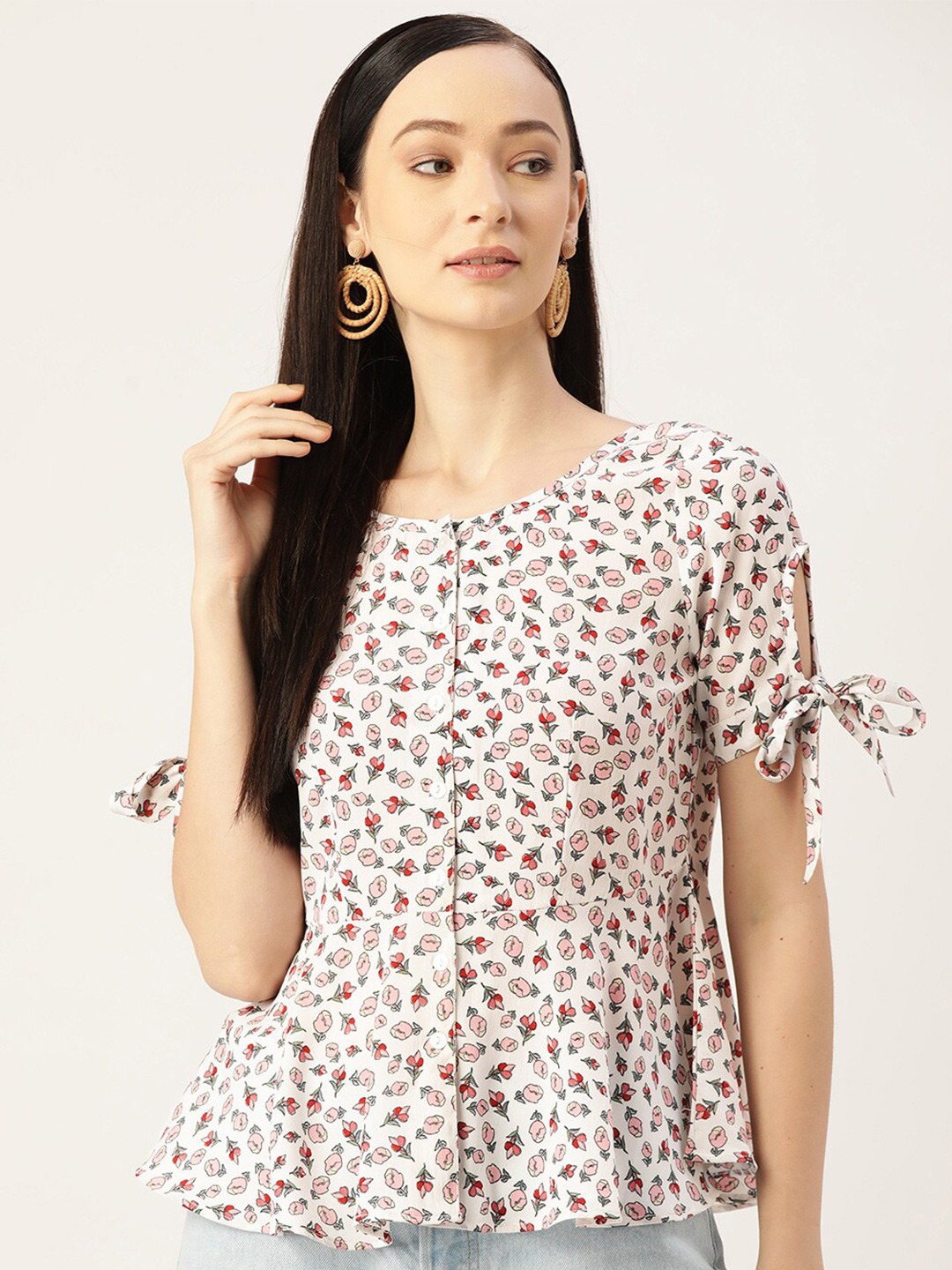 Slenor V Neck Short Slit Sleeves Floral Print Crepe Peplum Top, White