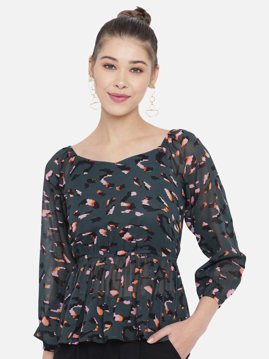 

Slenor Sweetheart Neck Floral Print Sweetheart Neck Georgette Peplum Top, Green
