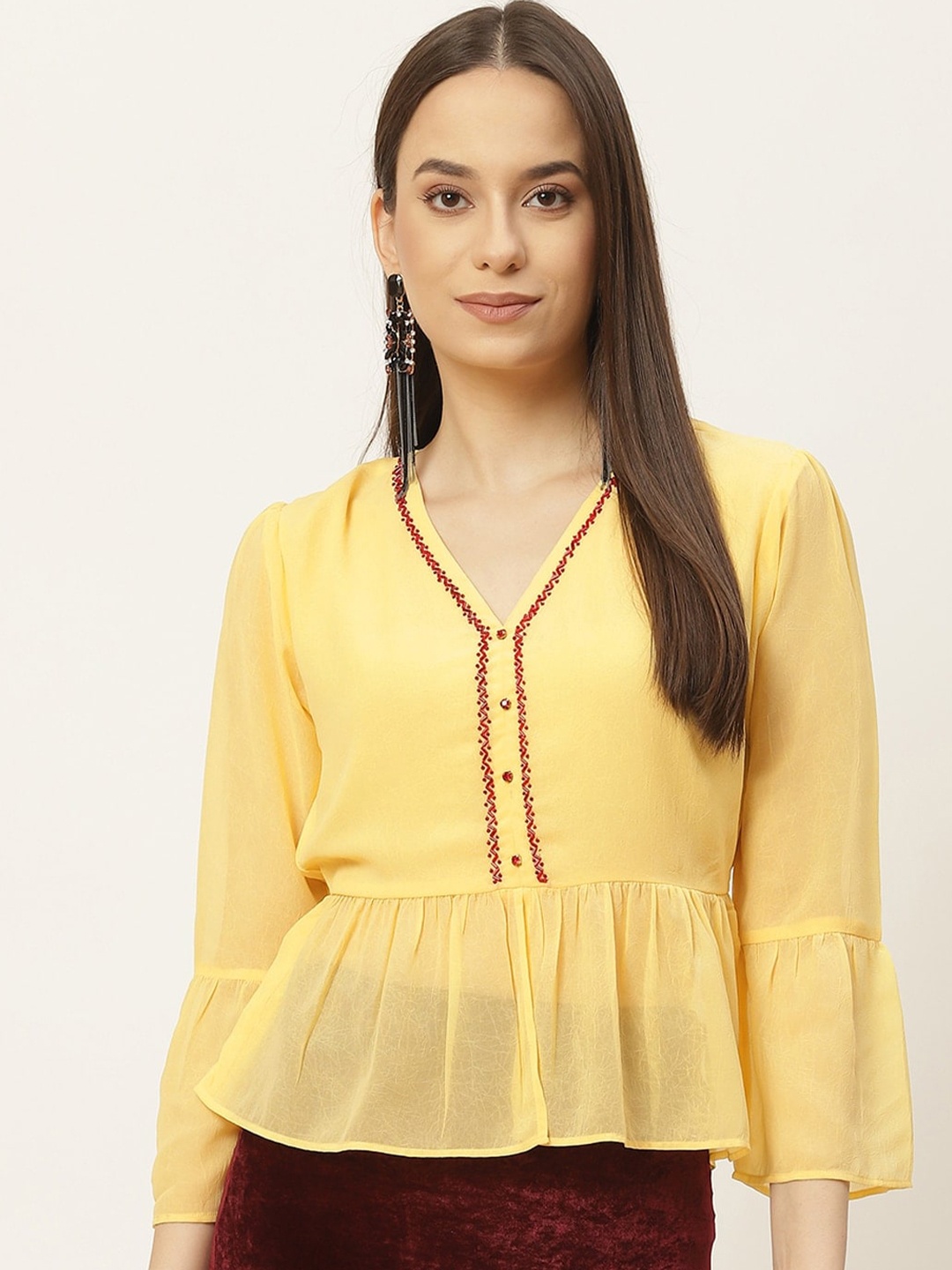 

Slenor V Neck Bell Sleeve Georgette Peplum Top, Yellow