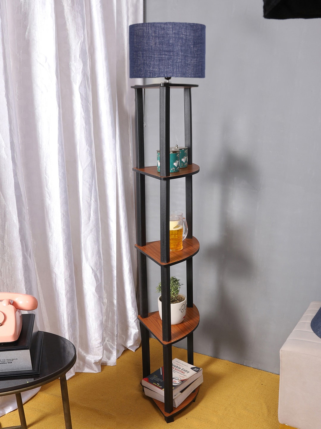 

Devansh Blue Jute Shade Cylinder Shaped & Wooden Shelf Floor Lamp