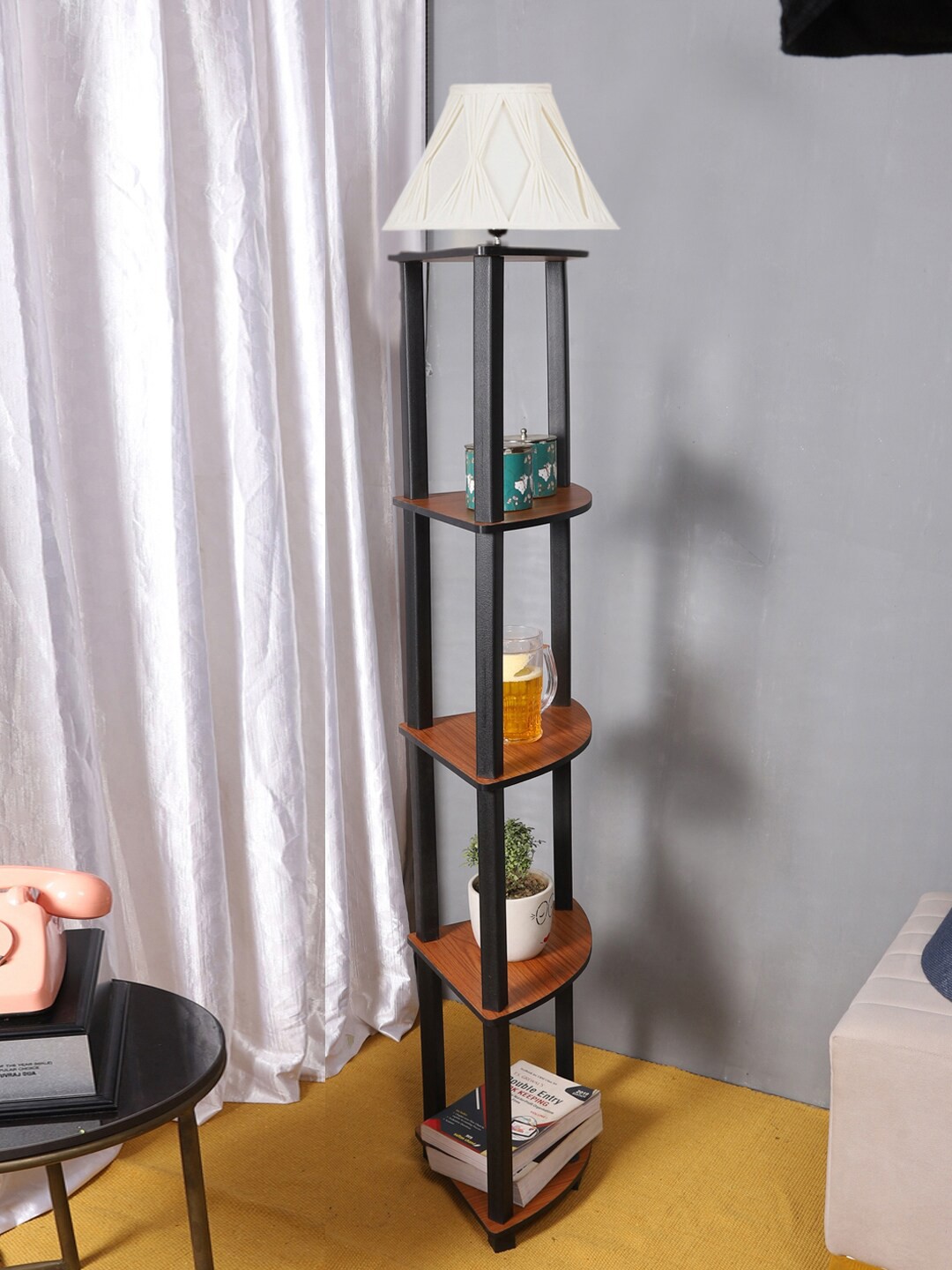 

Devansh Off White Wooden Frustum Shaped Shelf Floor Lamp