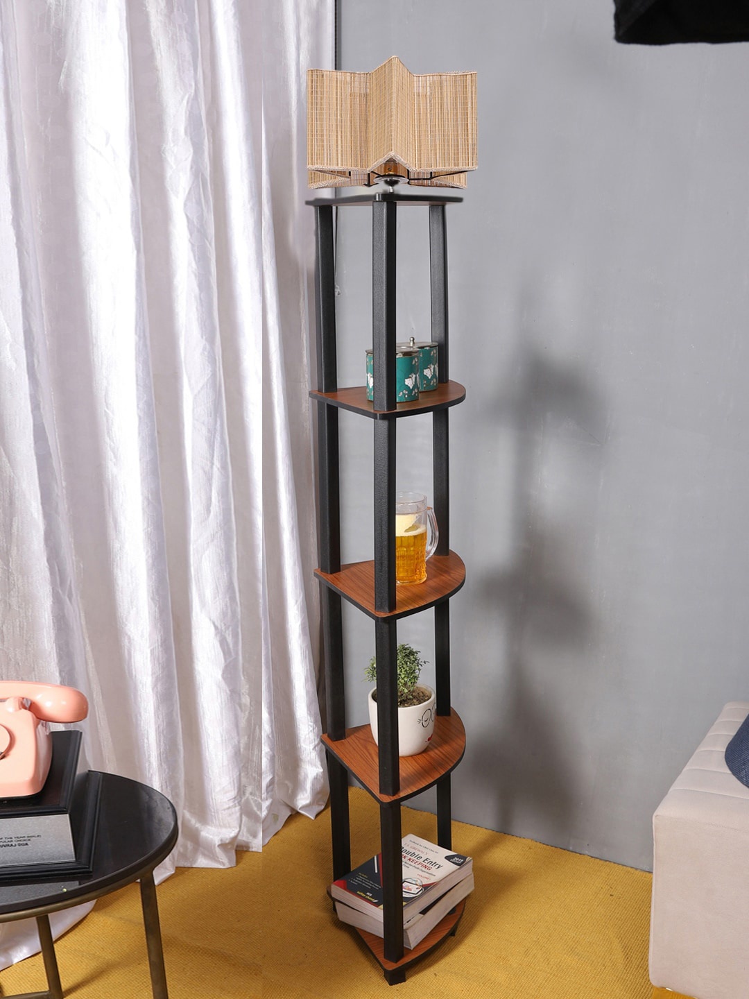 

Devansh Beige Wooden Textured Cylinder Shaped Shelf Floor Lamp