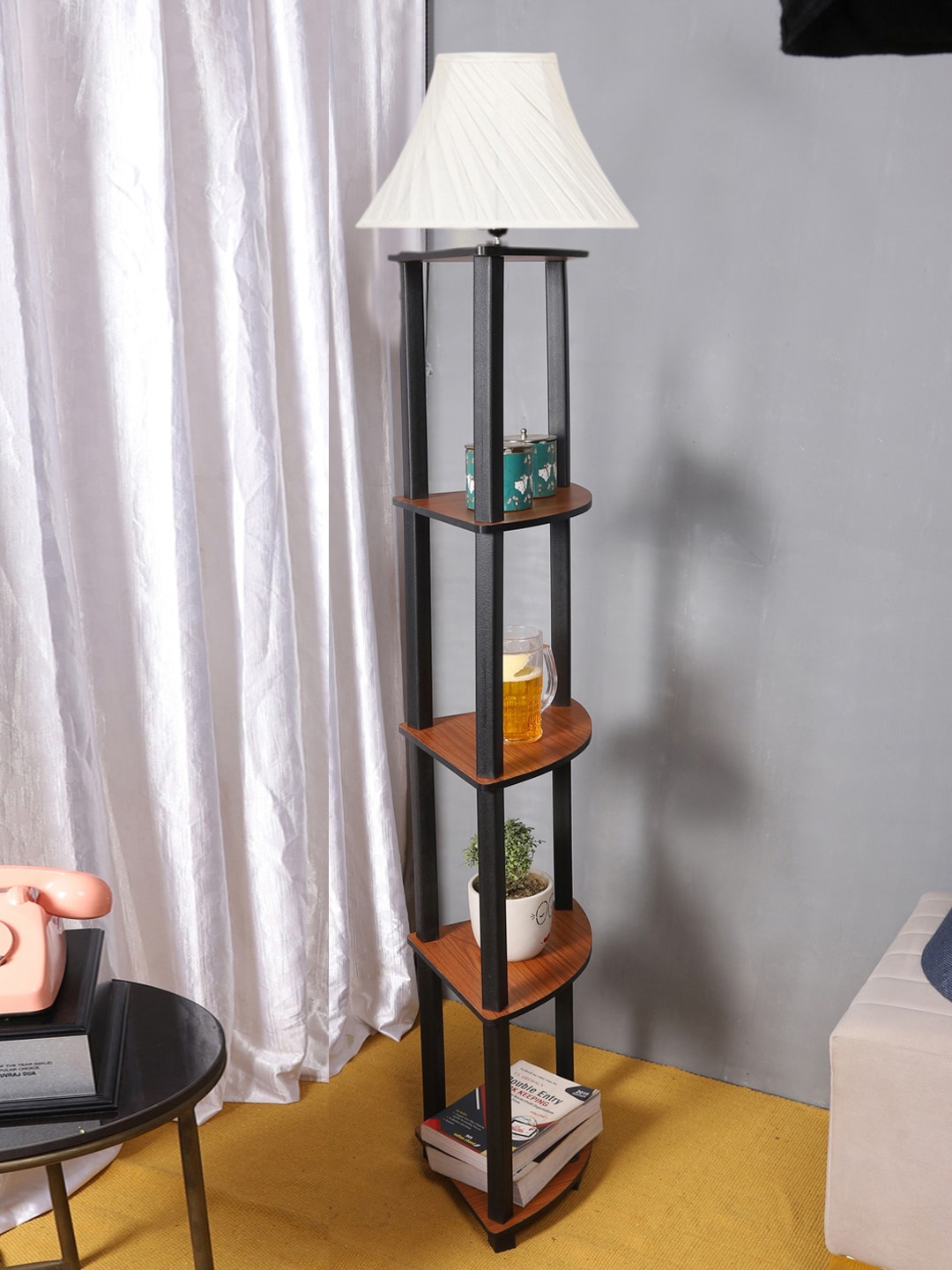 

Devansh Off-White Cotton Cross pleated Frustum Shaped Shelf Floor Lamp
