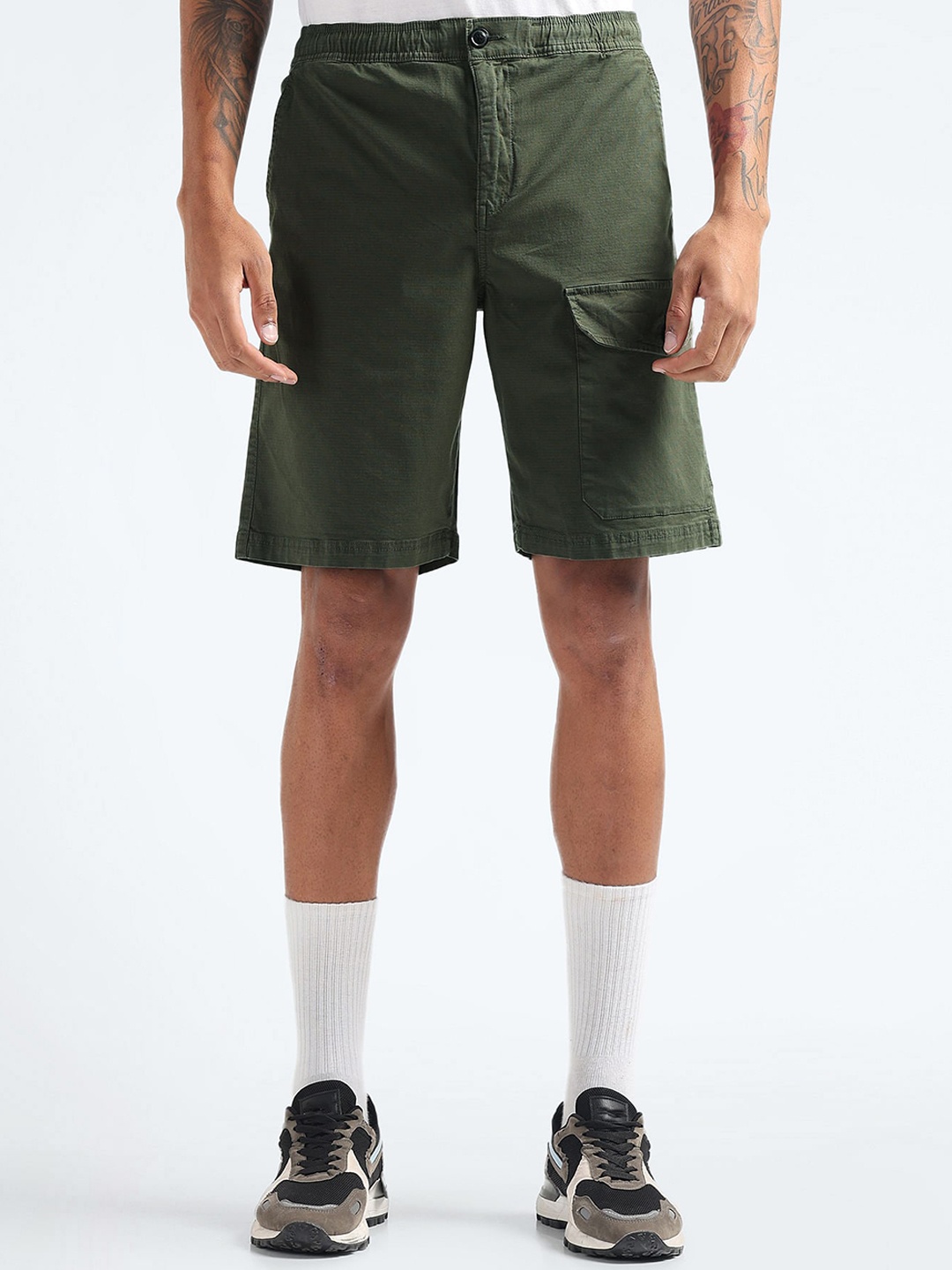 Flying Machine Men Pure Cotton Sports Shorts, Green