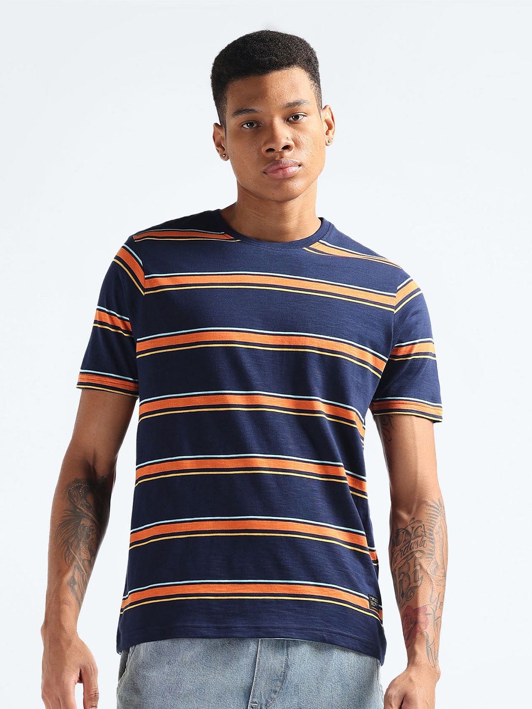 

Flying Machine Striped Round Neck Short Sleeves Regular Fit T-shirt, Blue