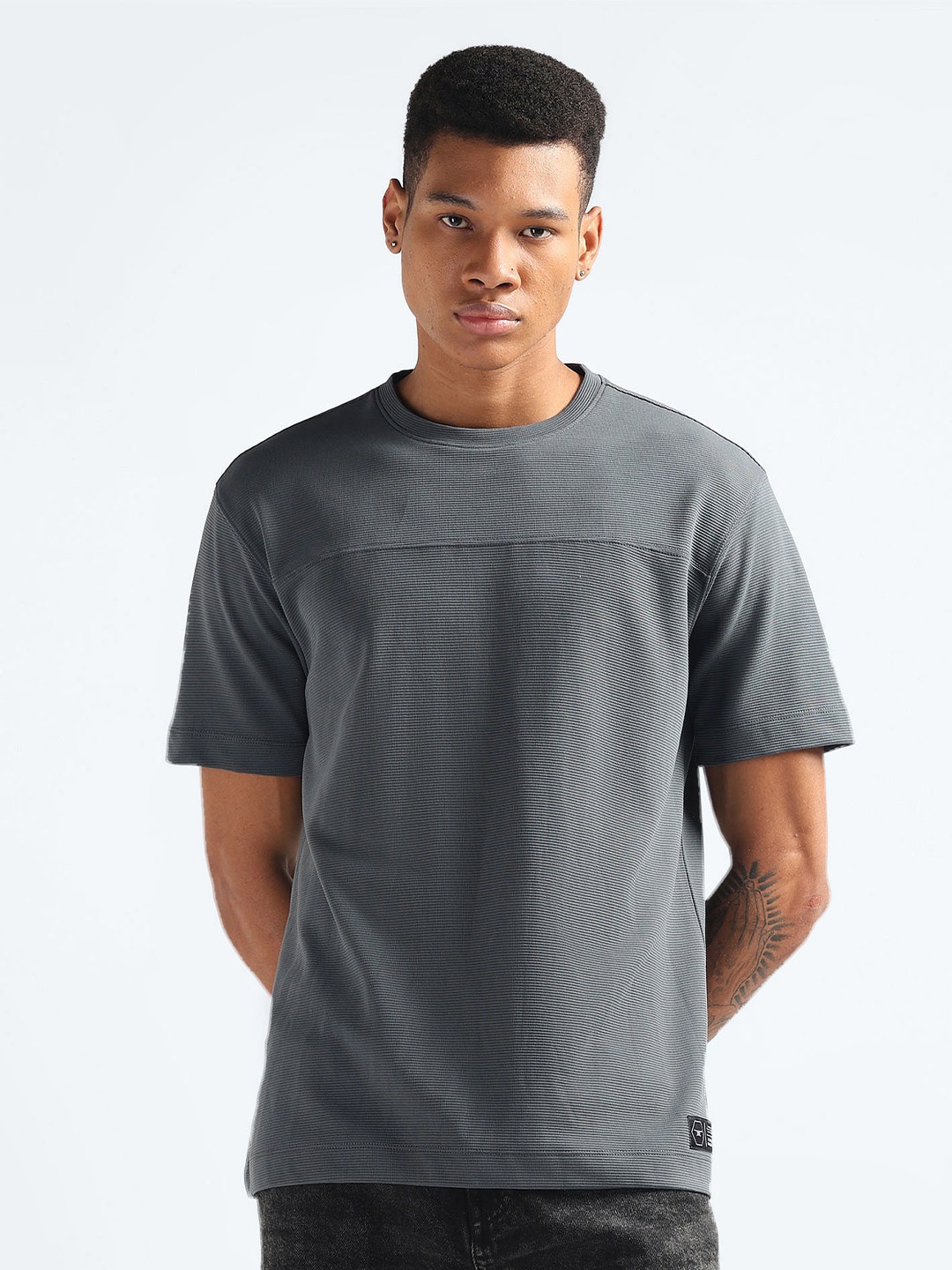 

Flying Machine Textured Round Neck Oversized T-shirt, Grey