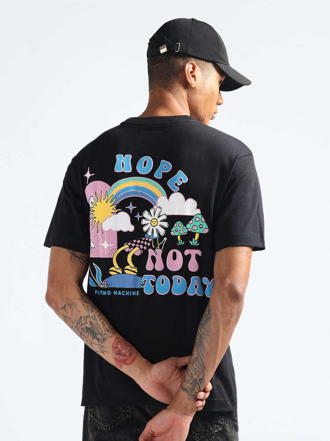 

Flying Machine Typography Printed Pure Cotton Oversized T-shirt, Black