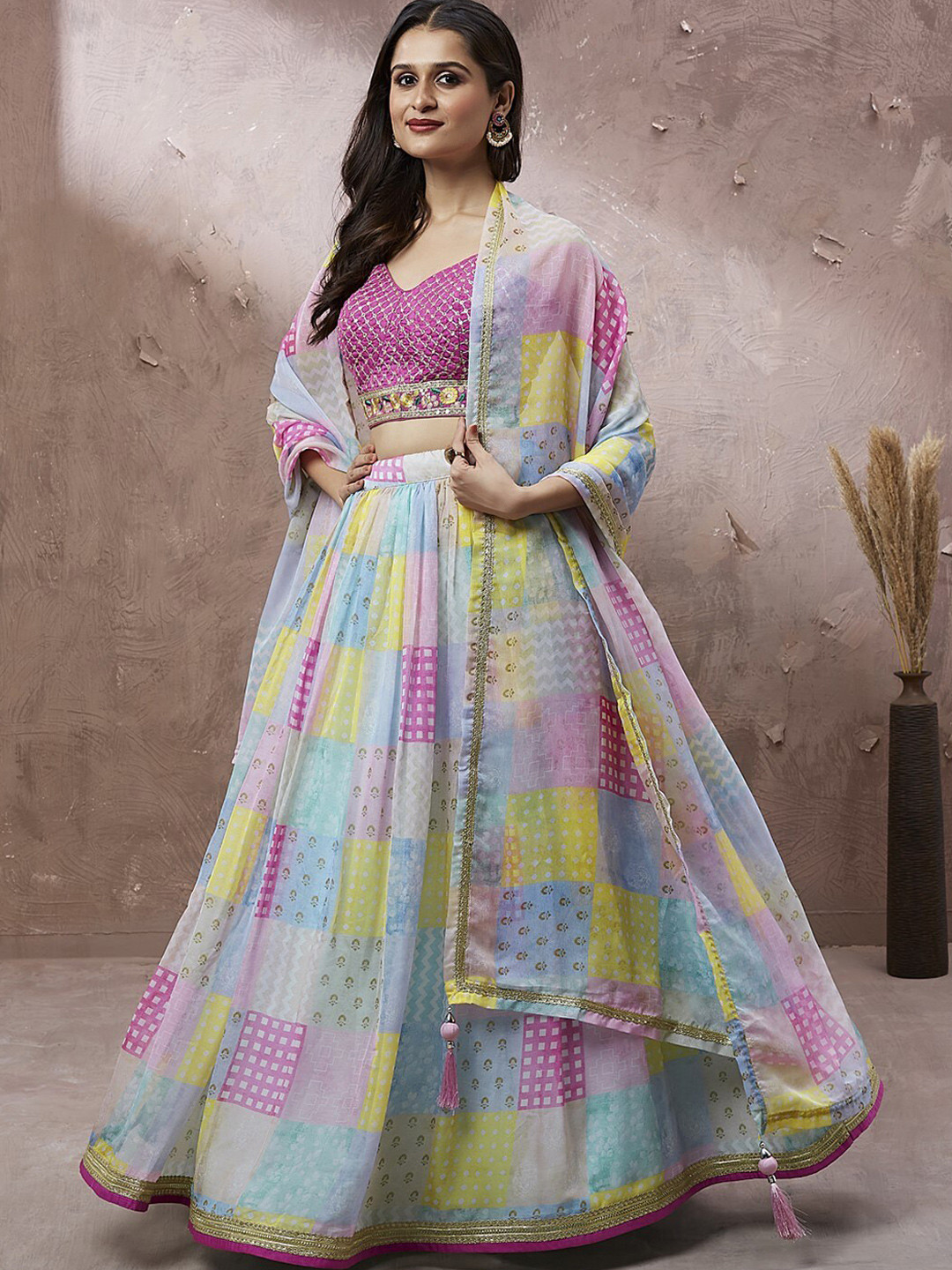 

panchhi Block Print Organza Semi-Stitched Lehenga & Unstitched Blouse With Dupatta, Pink