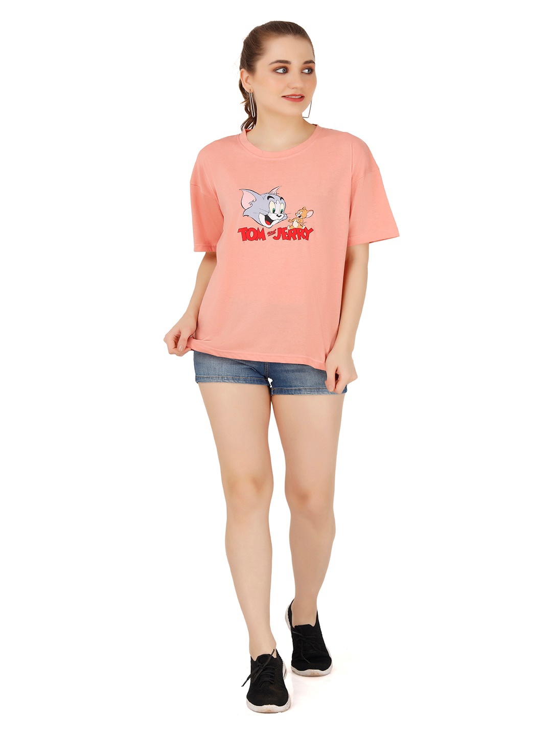 

VISO Tom & Jerry Printed Round Neck Drop-Shoulder Sleeves Oversized T-shirt, Pink