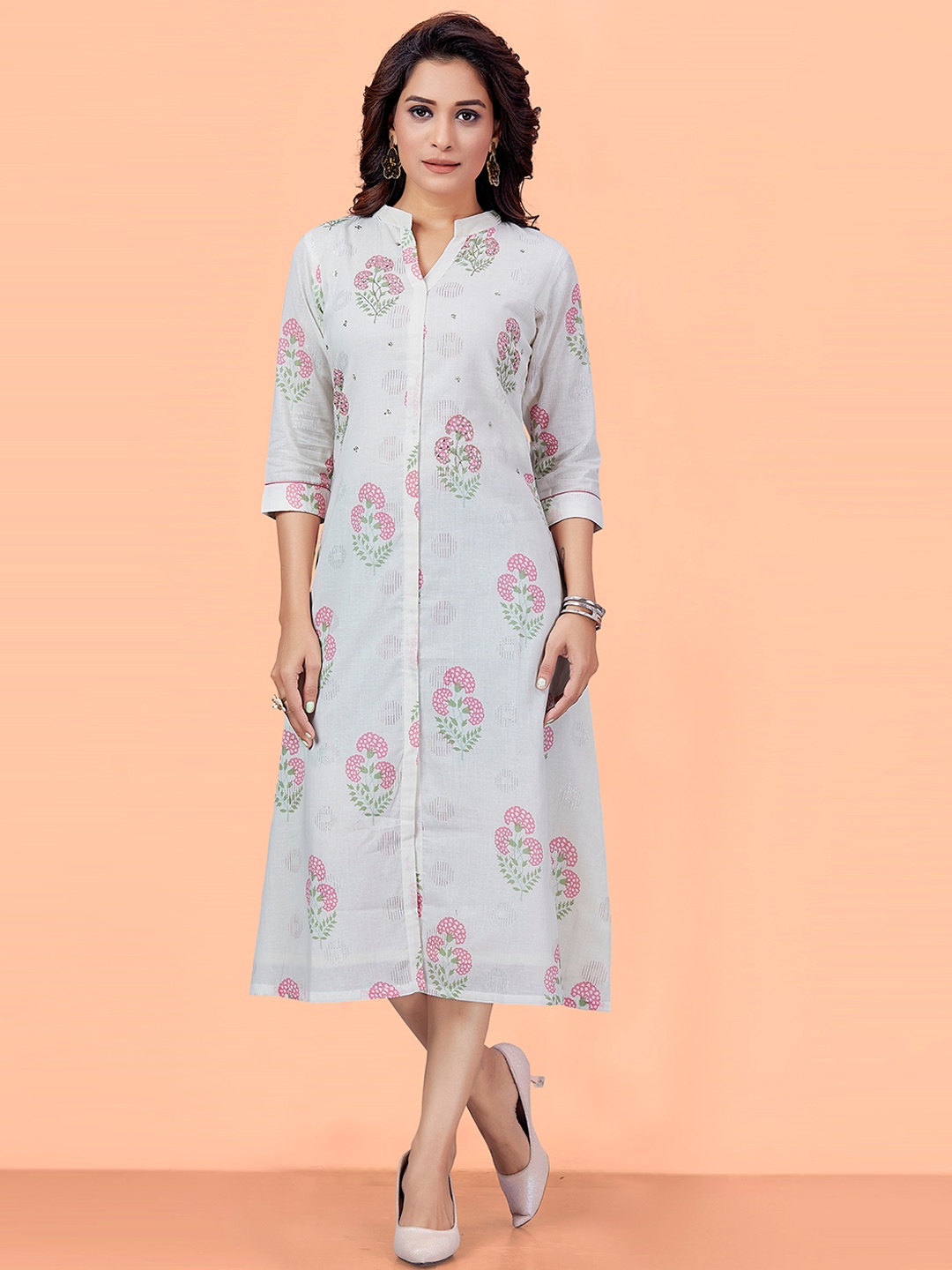 

SajiSaheli Floral Printed Sequinned Cotton A-line Midi Dress, Off white