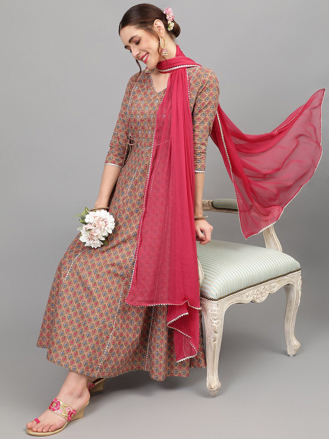 

Khushal K Floral Printed V-Neck Pure Cotton Straight Kurta With Palazzos & Dupatta, Pink