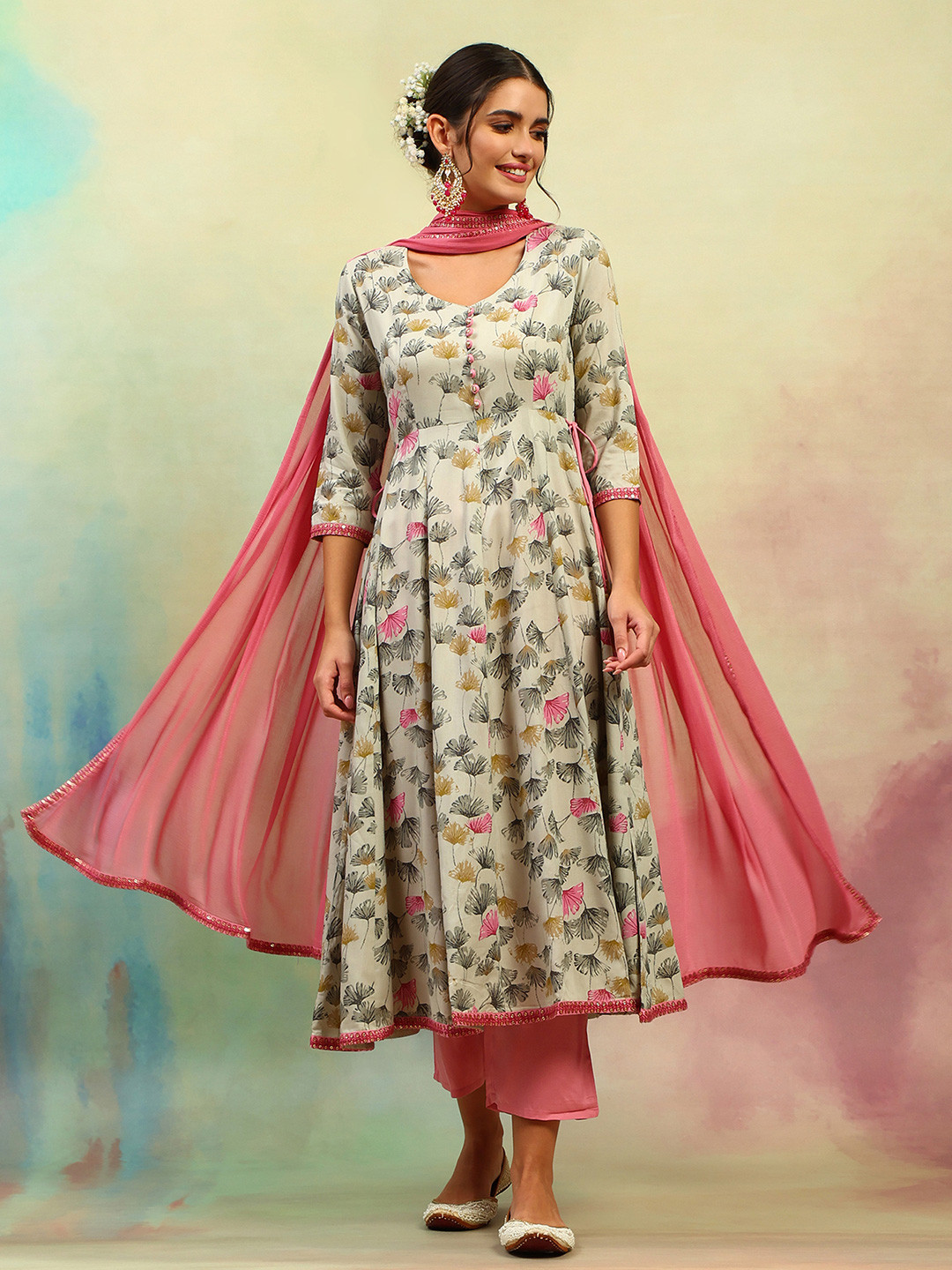 

Khushal K Ethnic Motifs Printed Flared Empire A-Line Kurta With Trousers &Dupatta, Pink