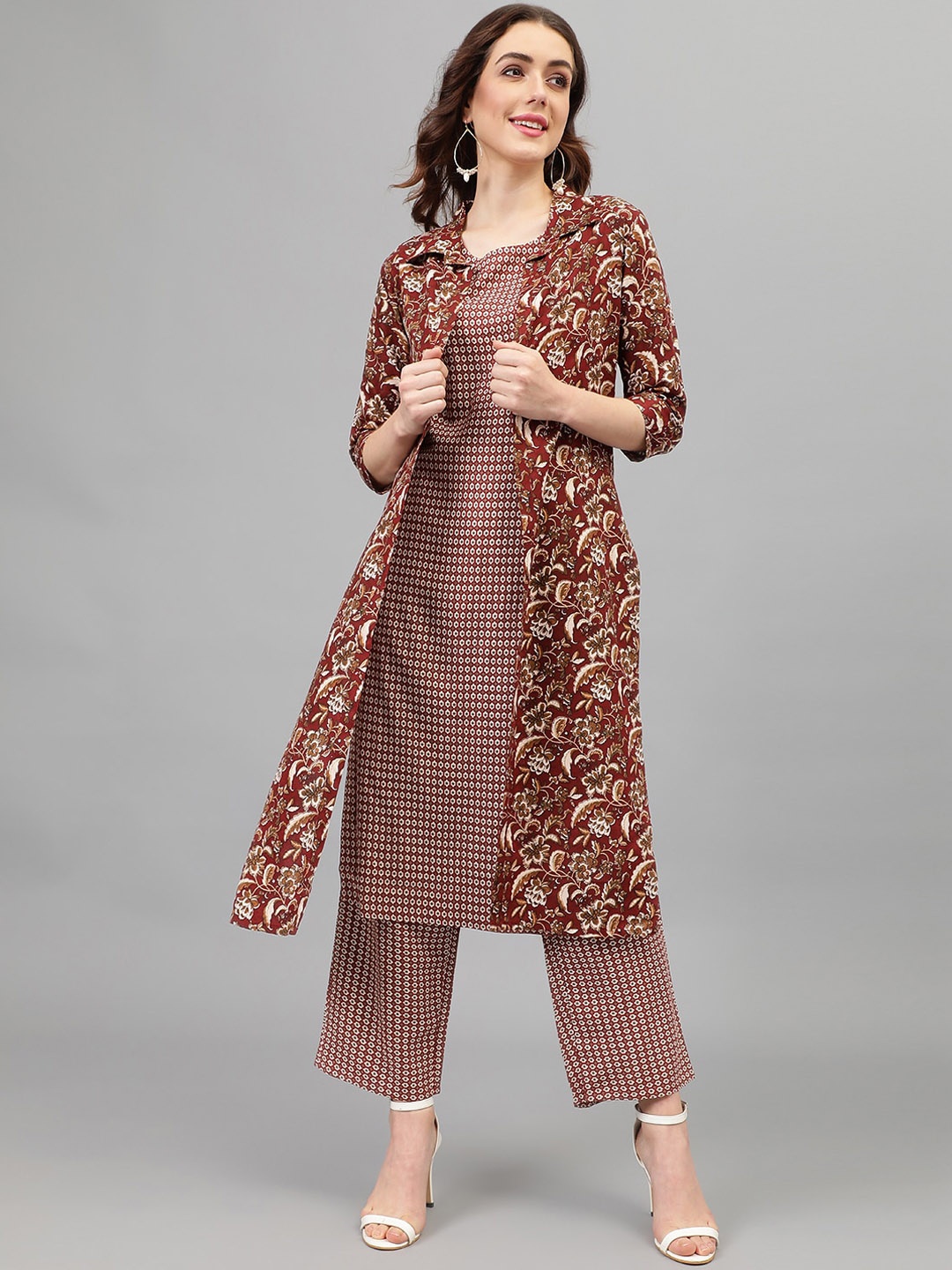 

Khushal K Ethnic Motifs Woven Design Round Neck Straight Kurta With Palazzo, Maroon