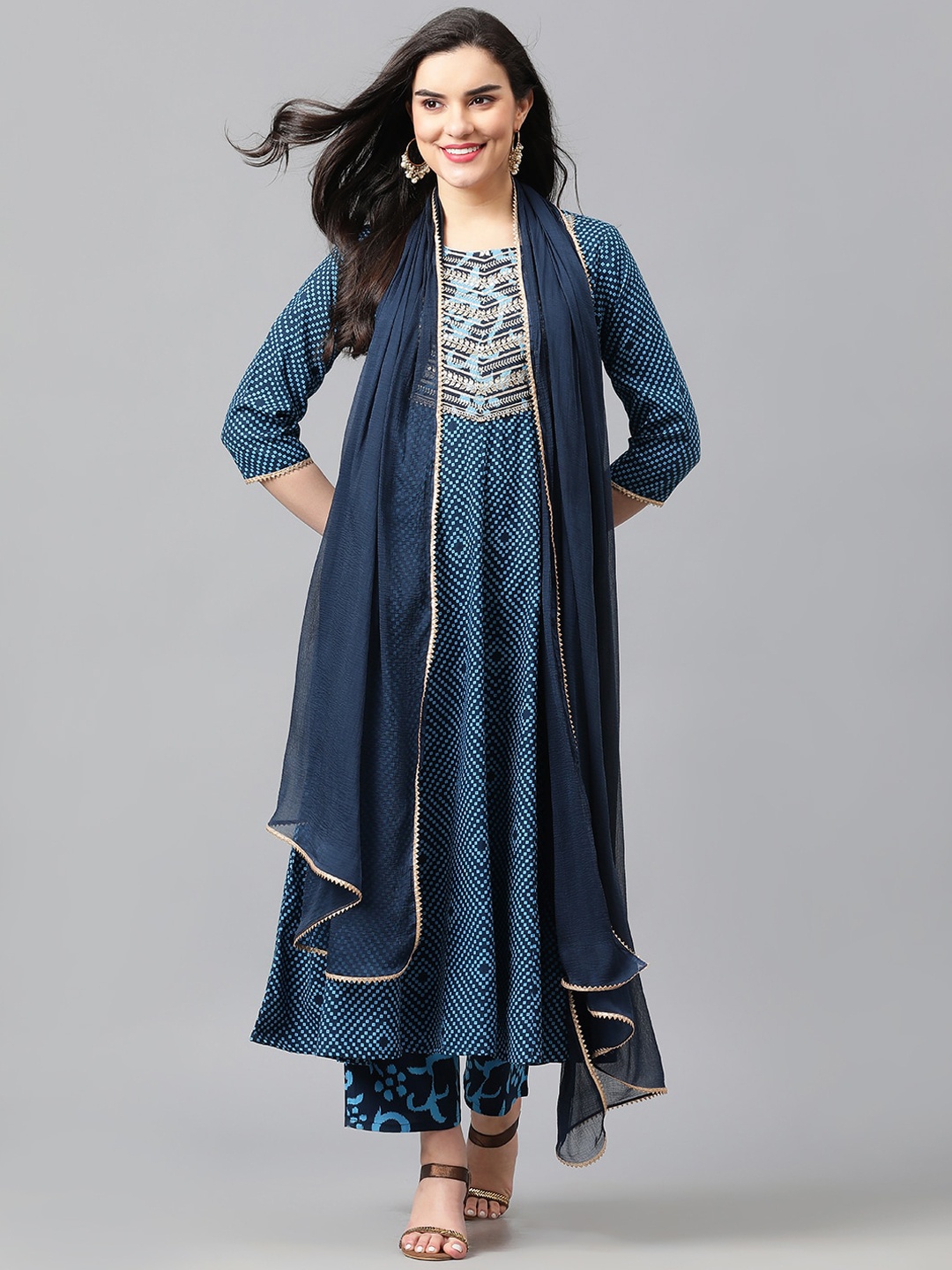 

Khushal K Printed Round Neck Anarkali Kurta & Palazzos With Dupatta, Blue