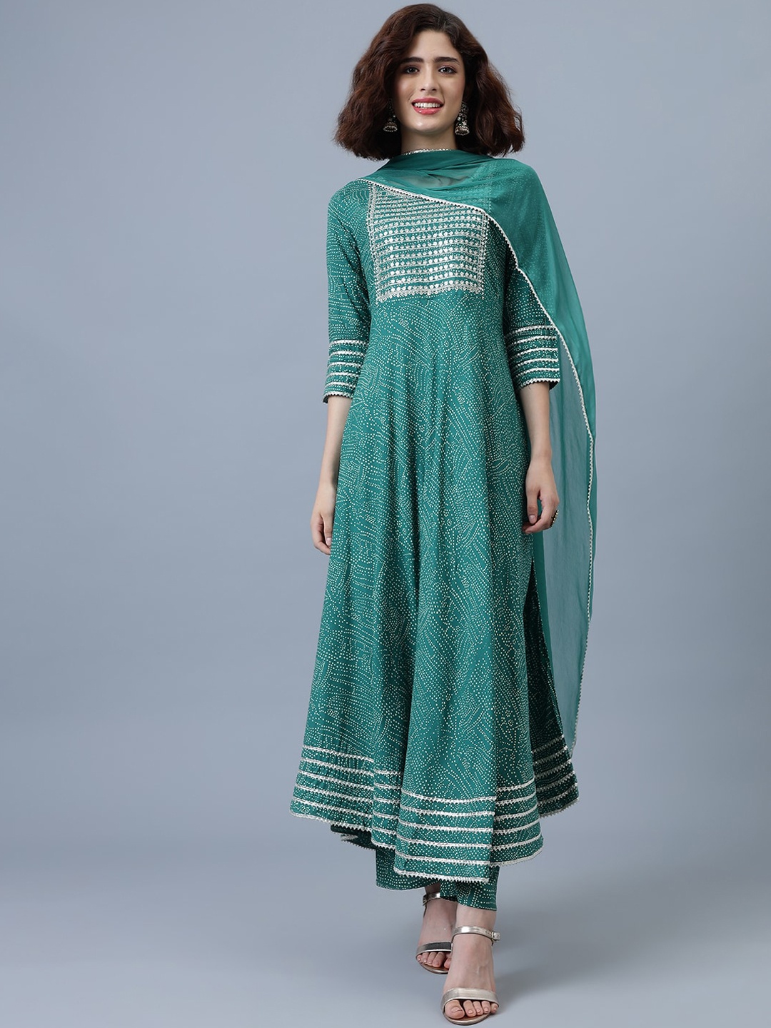 

Khushal K Geometric Printed Sequinned A Line Kurta With Palazzos & Dupatta, Green