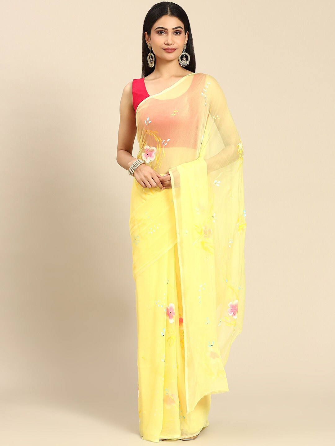 

La Vastraa Floral Printed Poly Chiffon Saree, Yellow