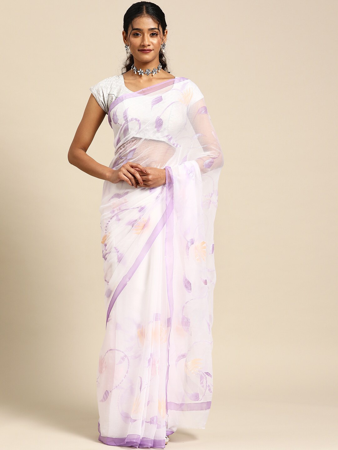 

La Vastraa Floral Printed Poly Chiffon Saree, White