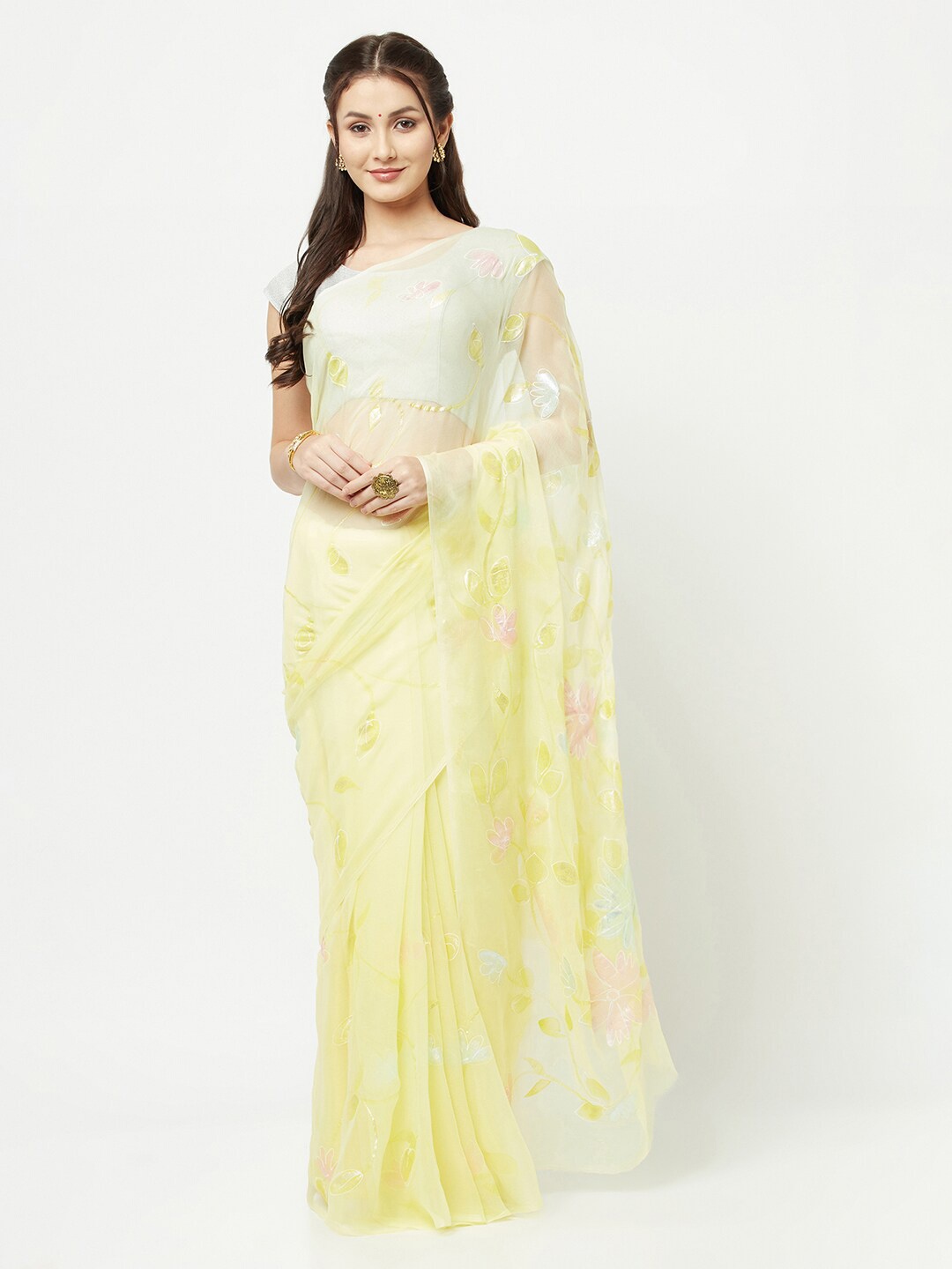 

La Vastraa Floral Printed Poly Chiffon Saree, Yellow