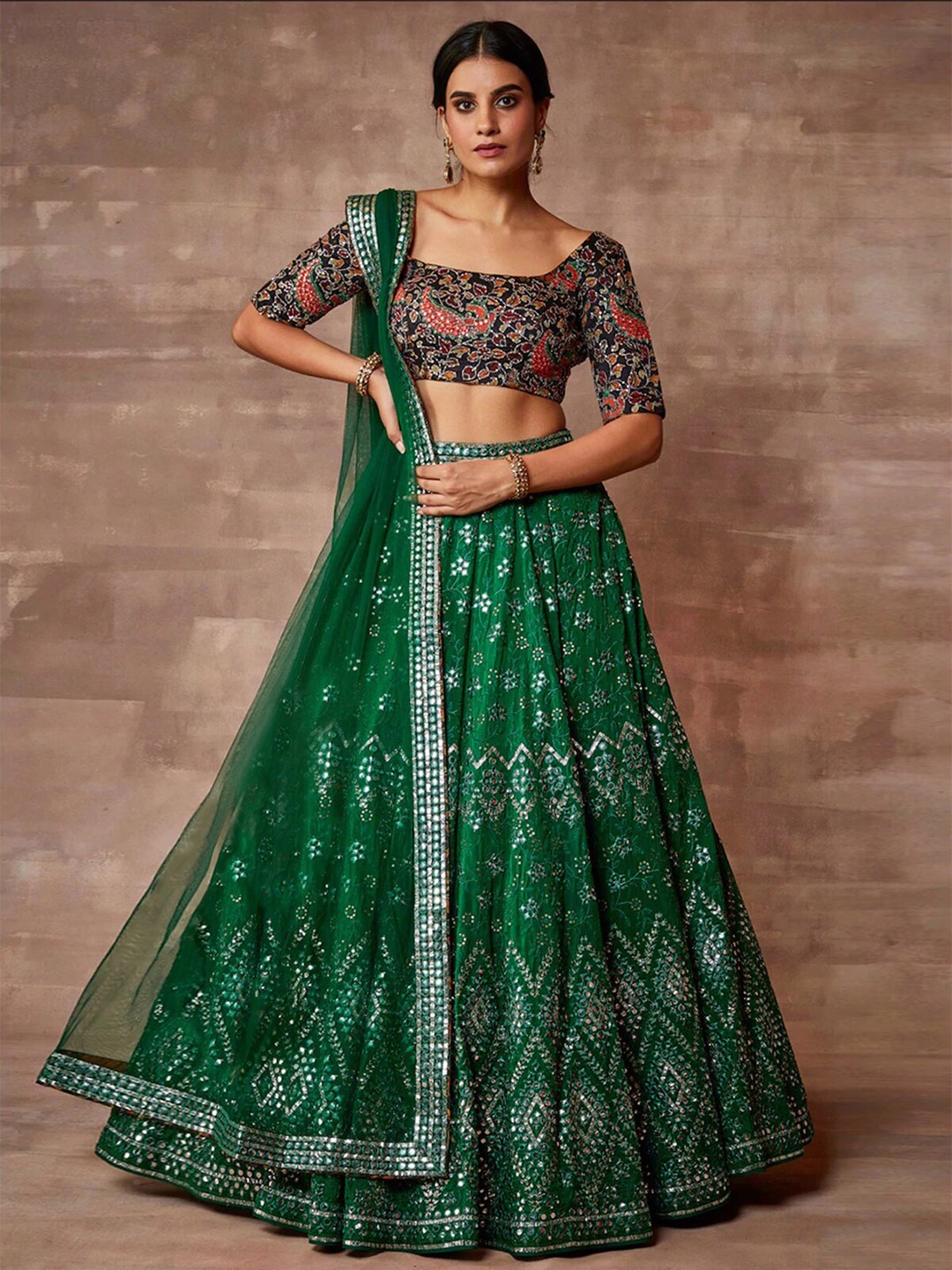 

ODETTE Embroidered Mirror Work Semi-Stitched Lehenga & Blouse With Dupatta, Green