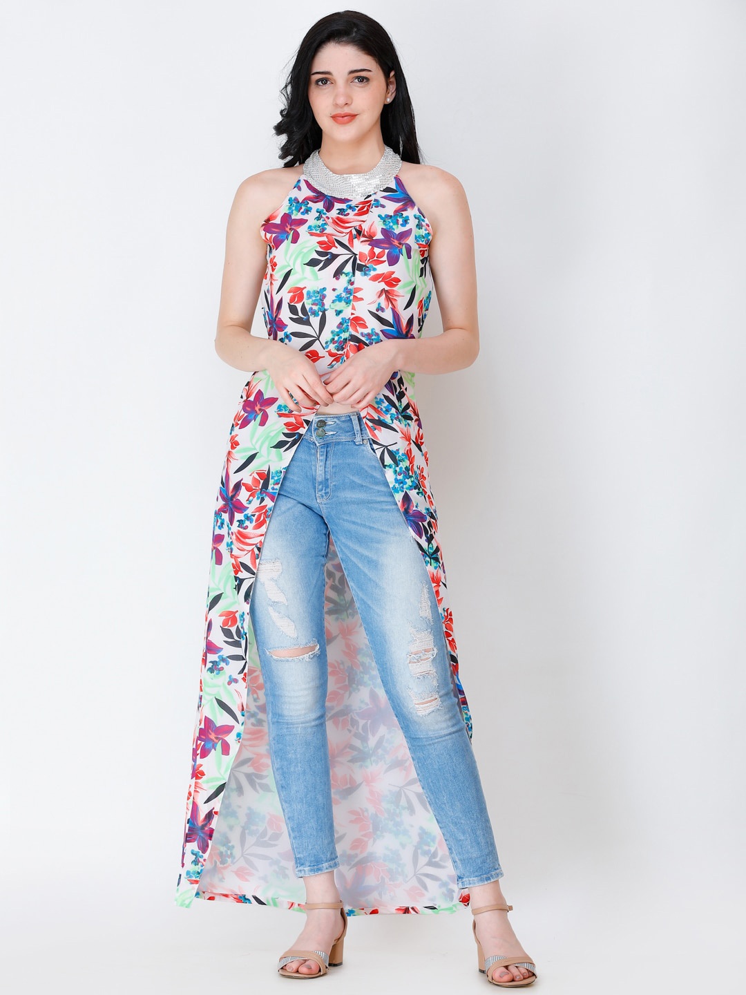 

MINOS Floral Printed Jewel Neck Sequinned Georgette Maxi Top, White