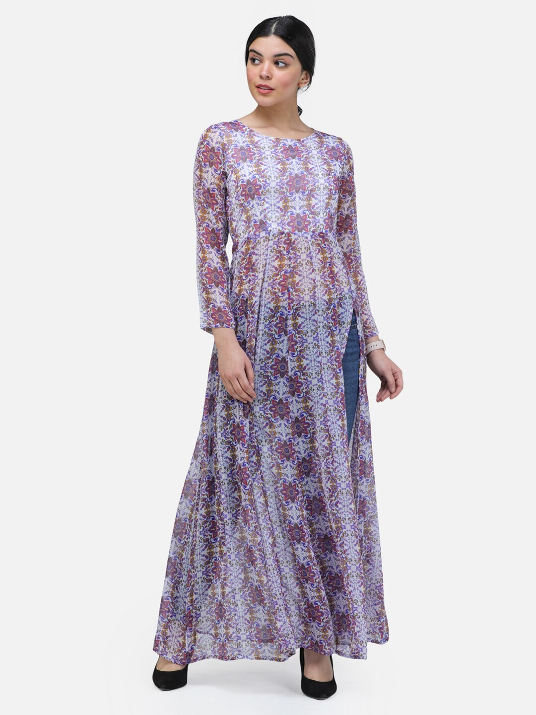 

MINOS Floral Printed Georgette Maxi Longline Top, White