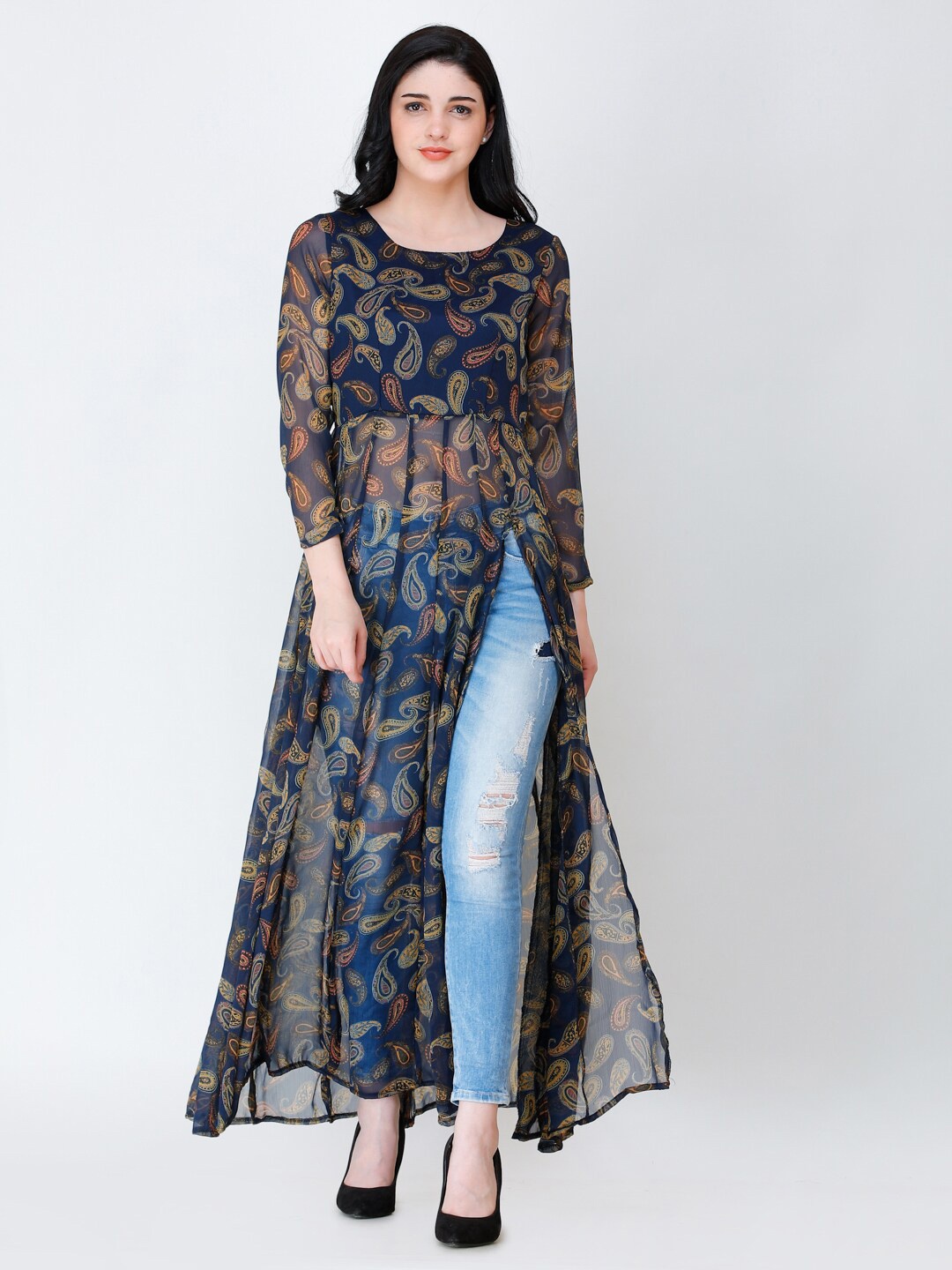 

MINOS Floral Printed Semi Sheer Maxi Longline Top, Navy blue