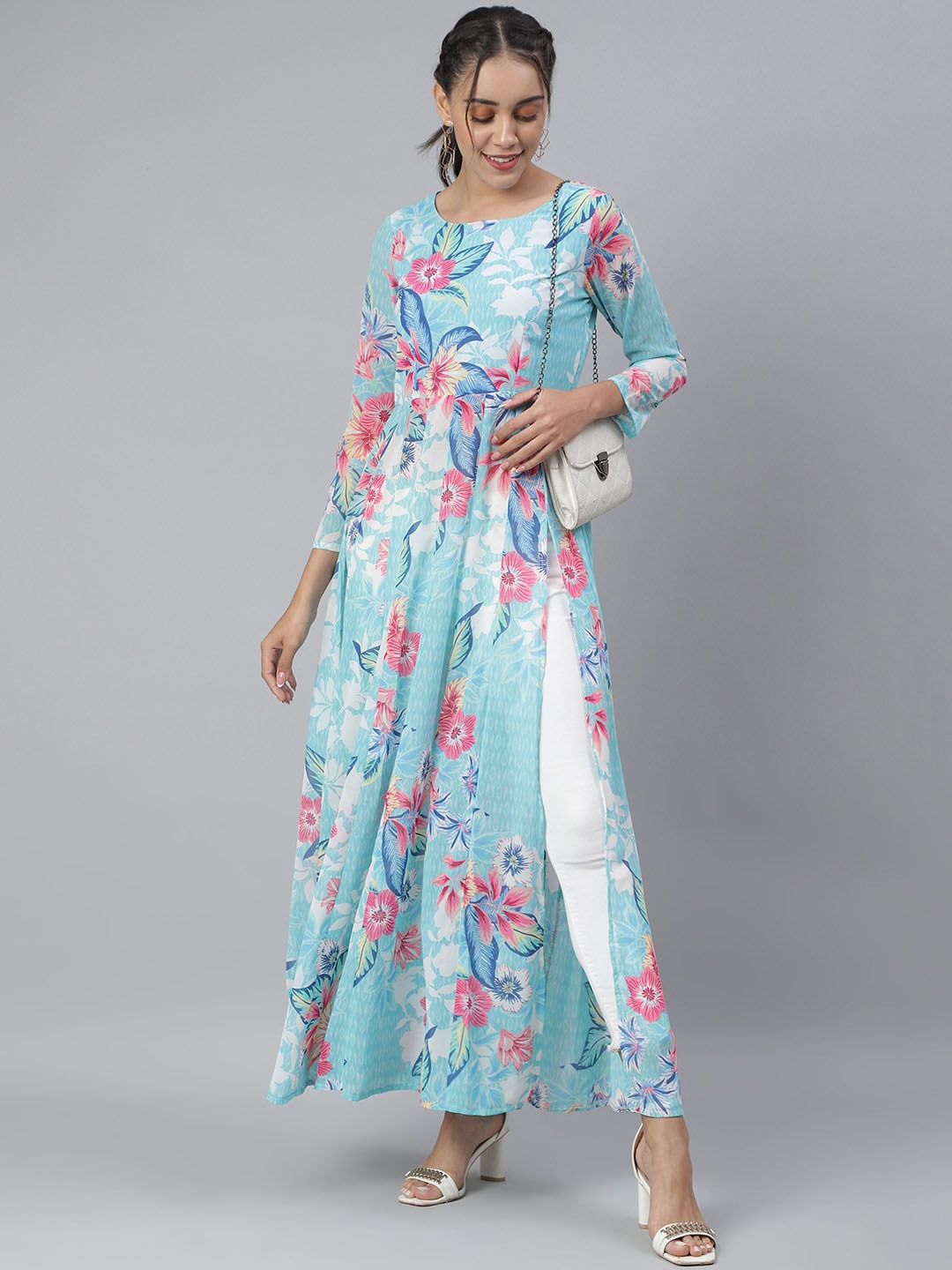 

MINOS Floral Printed Semi Sheer Maxi Longline Top, Blue