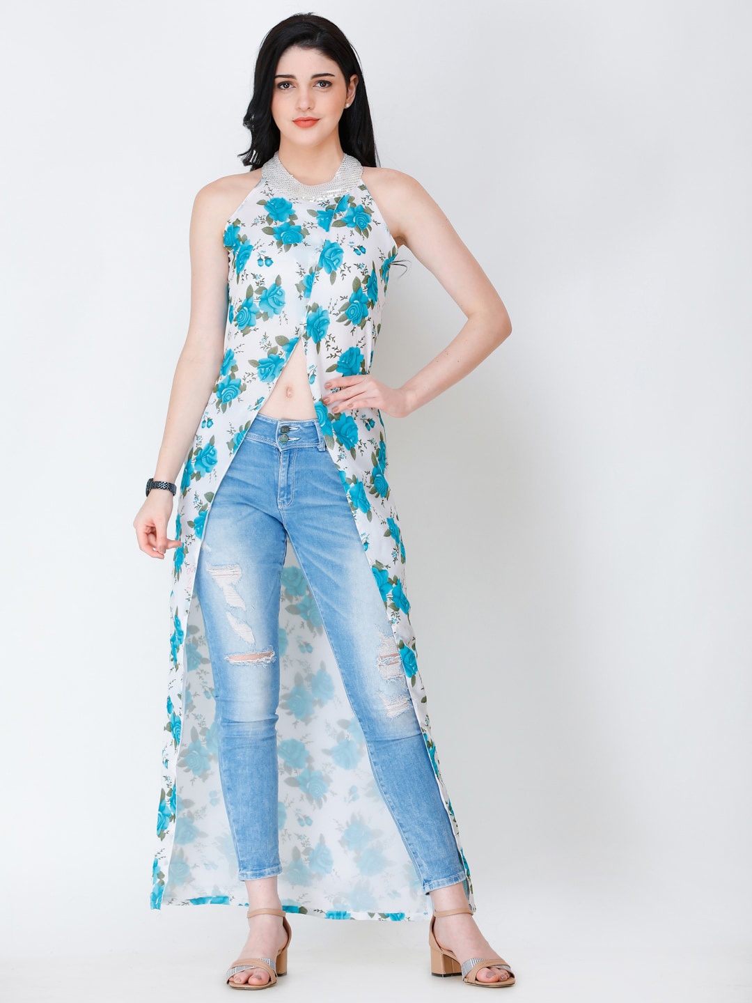 

MINOS Floral Printed Halter Neck Semi Sheer Maxi Longline Top, White