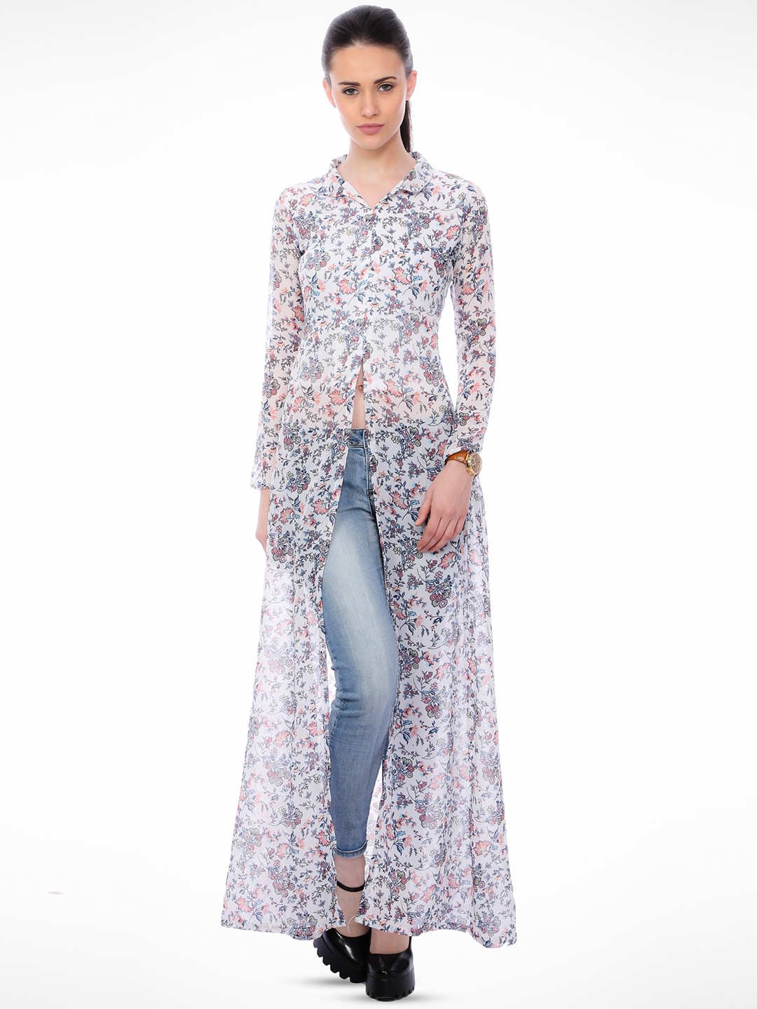 

MINOS Floral Print Shirt Collar Semi Sheer Maxi Longline Top, White