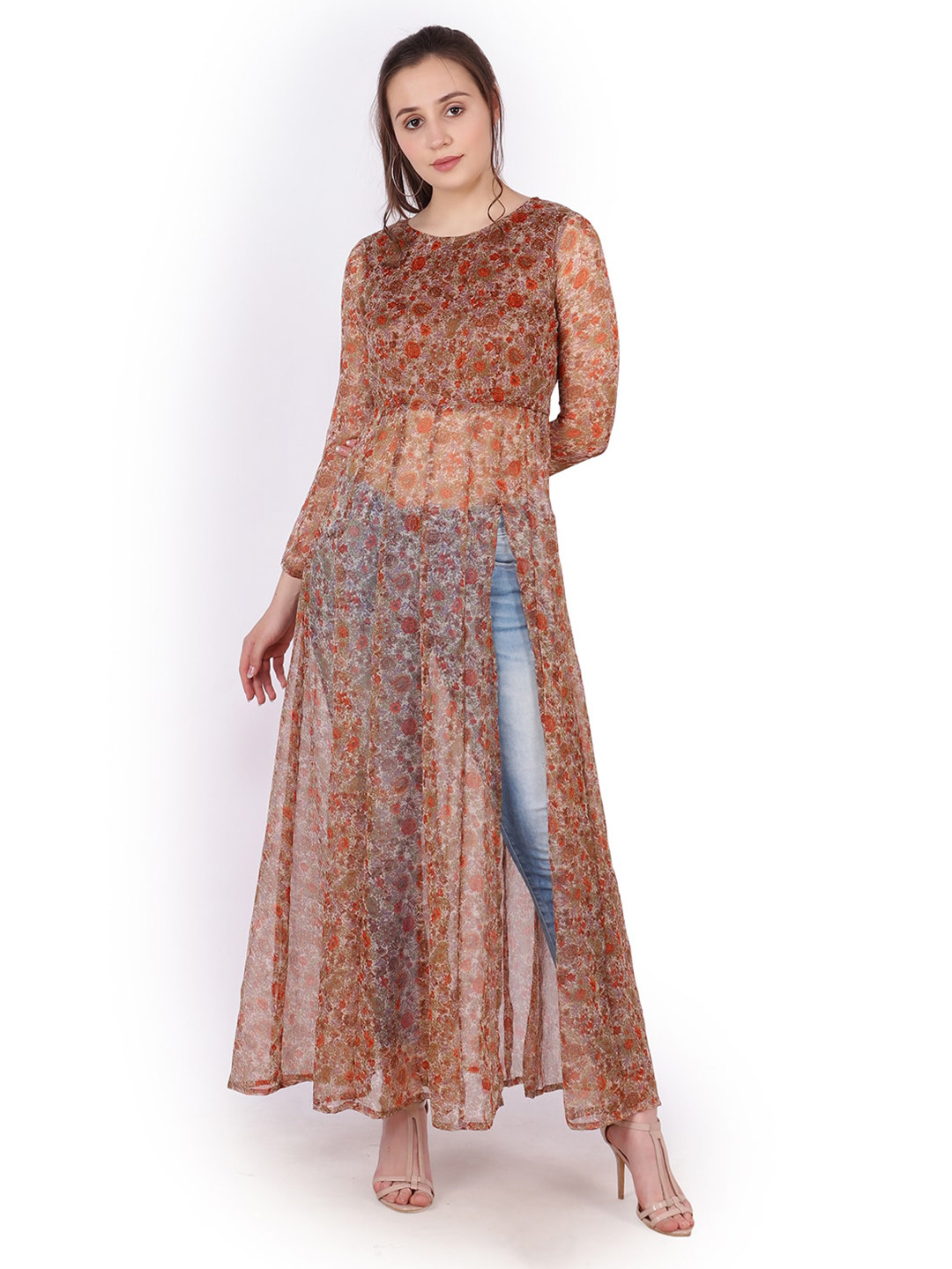 

MINOS Floral Printed Maxi Longtop, Brown