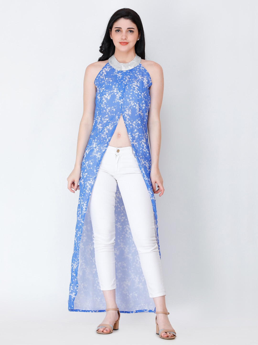 

MINOS Floral Printed Georgette Maxi Longline Top, Purple