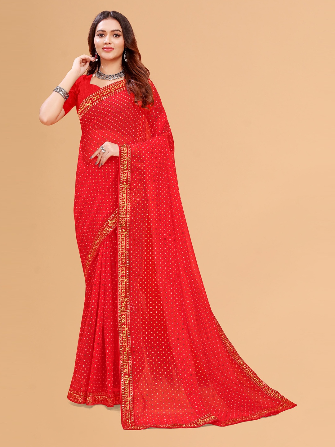 

QWARTY Bandhani Printed Sequinned Pure Georgette Saree, Red