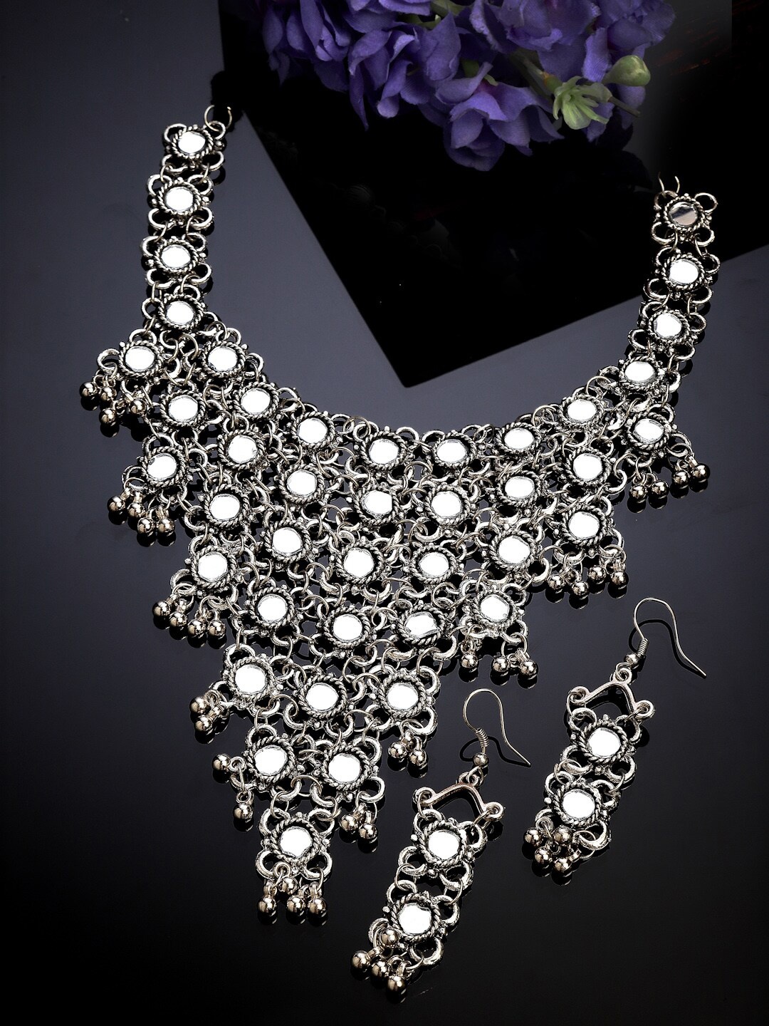 

CHUI MUI Silver-Plated Mirror Studded & Bedded Jewellery Set