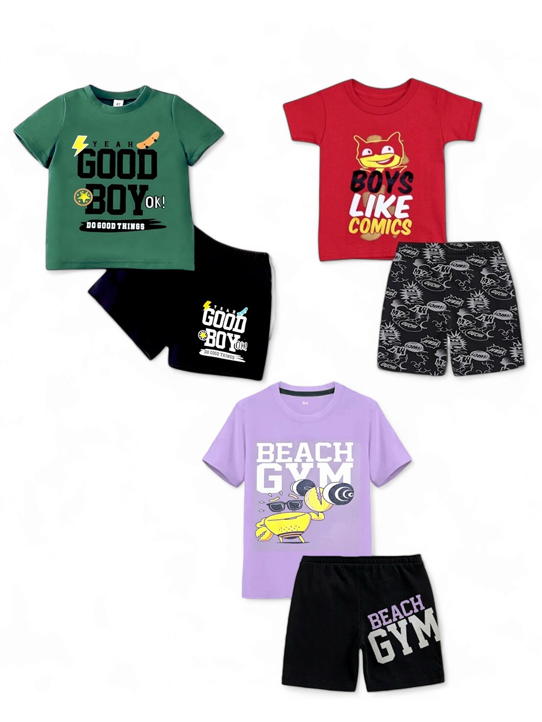 

BAESD Boys Pack Of 3 Printed Pure Cotton T-Shirt With Shorts, Purple