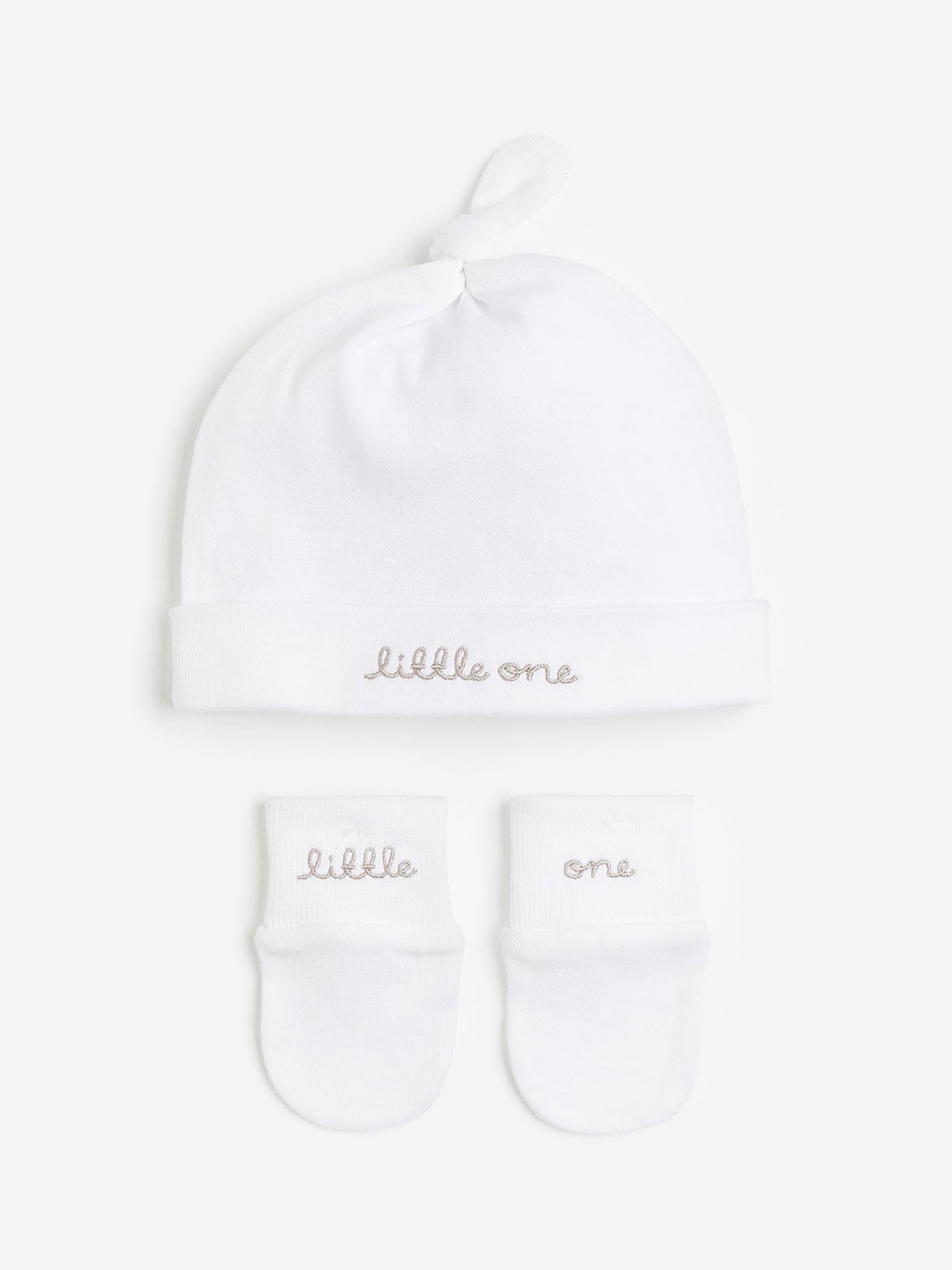 

H&M Boys 3-Pcs Embroidered Pure Cotton Beanie & Mittens, White