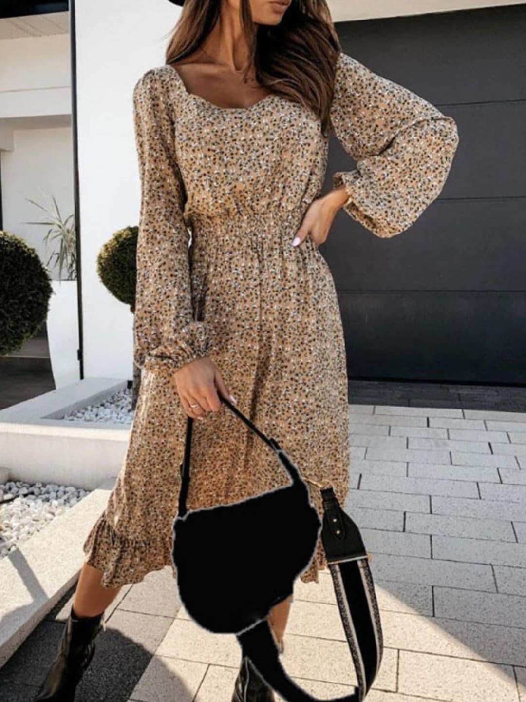 

DressBerry Khaki Animal Print Cotton Puff Sleeve Fit & Flare Opaque Midi Casual Dress