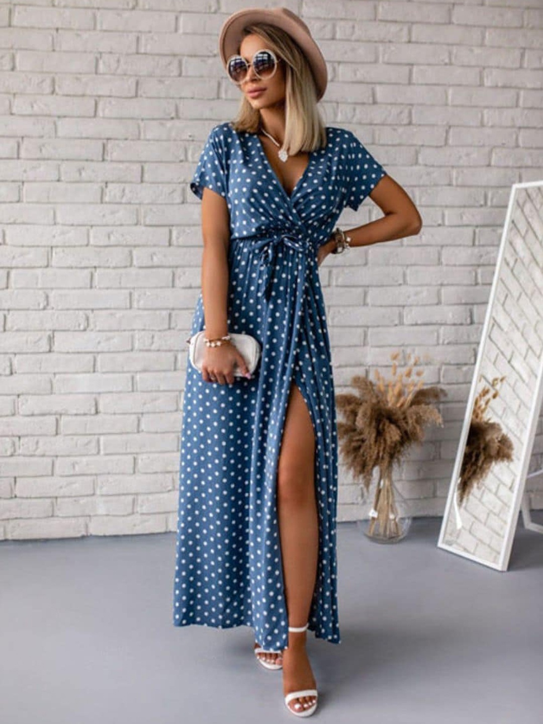 

DressBerry Navy Blue V Neck Printed Wrap Dress