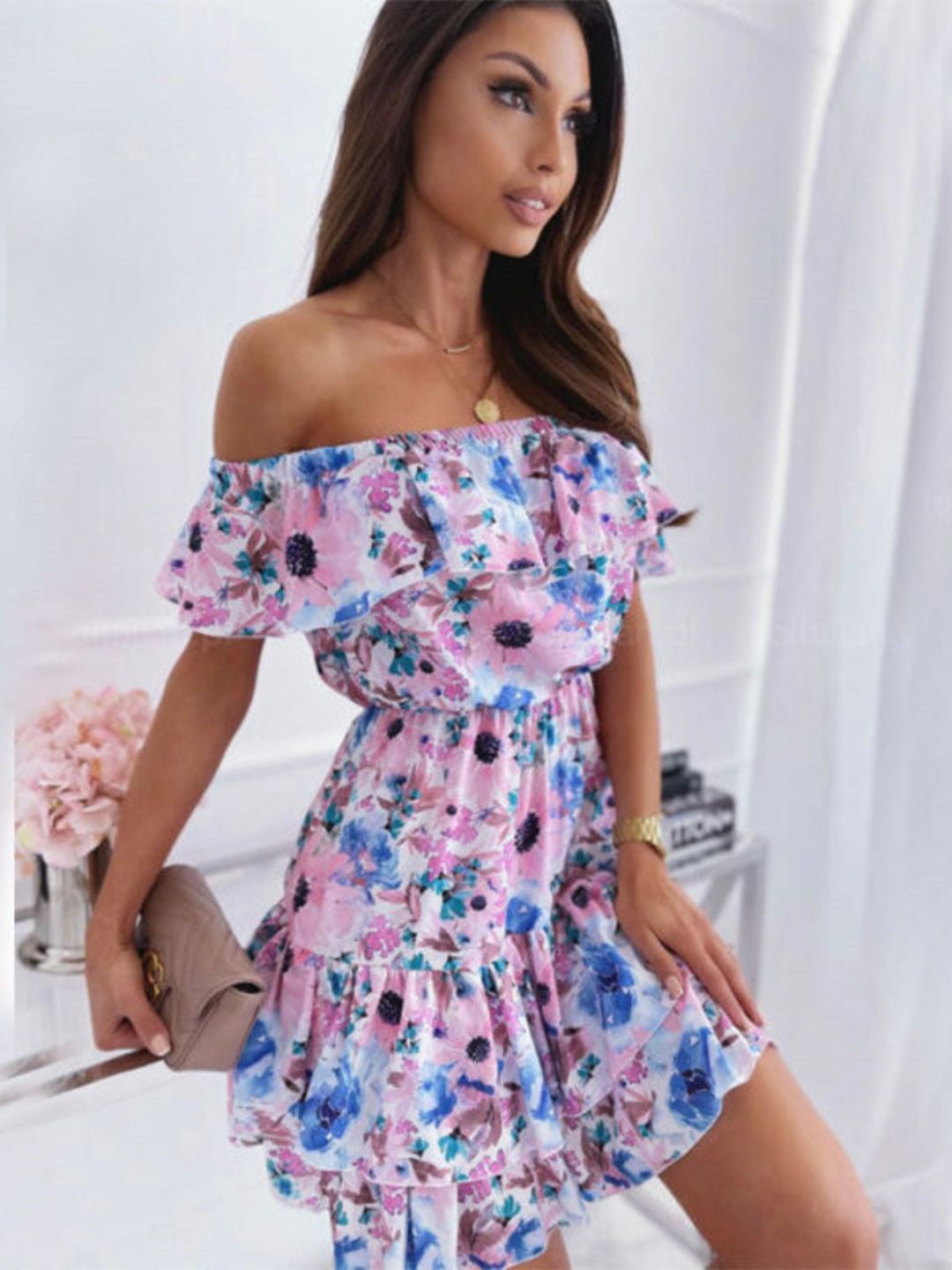 

DressBerry Pink Floral Printed Off-Shoulder Flutter Sleeves Fit & Flare Dress