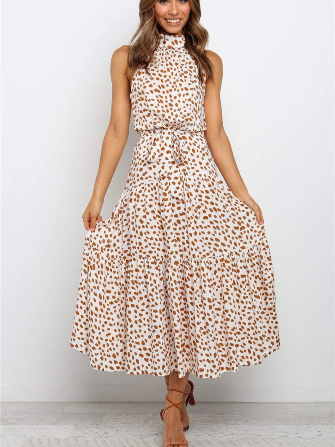 

DressBerry Beige Animal Printed Halter Neck Tie-Ups Tiered Midi Fit & Flare Dress