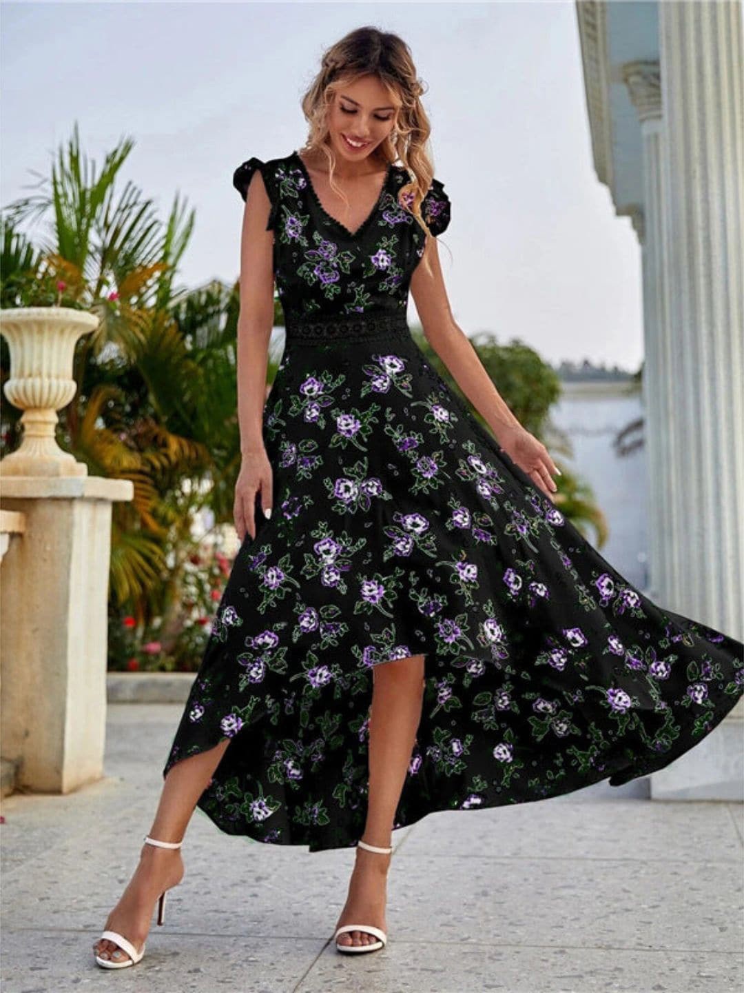

DressBerry Black Floral Printed V-Neck Flutter Sleeves High-Low Fit and Flare Midi Dress
