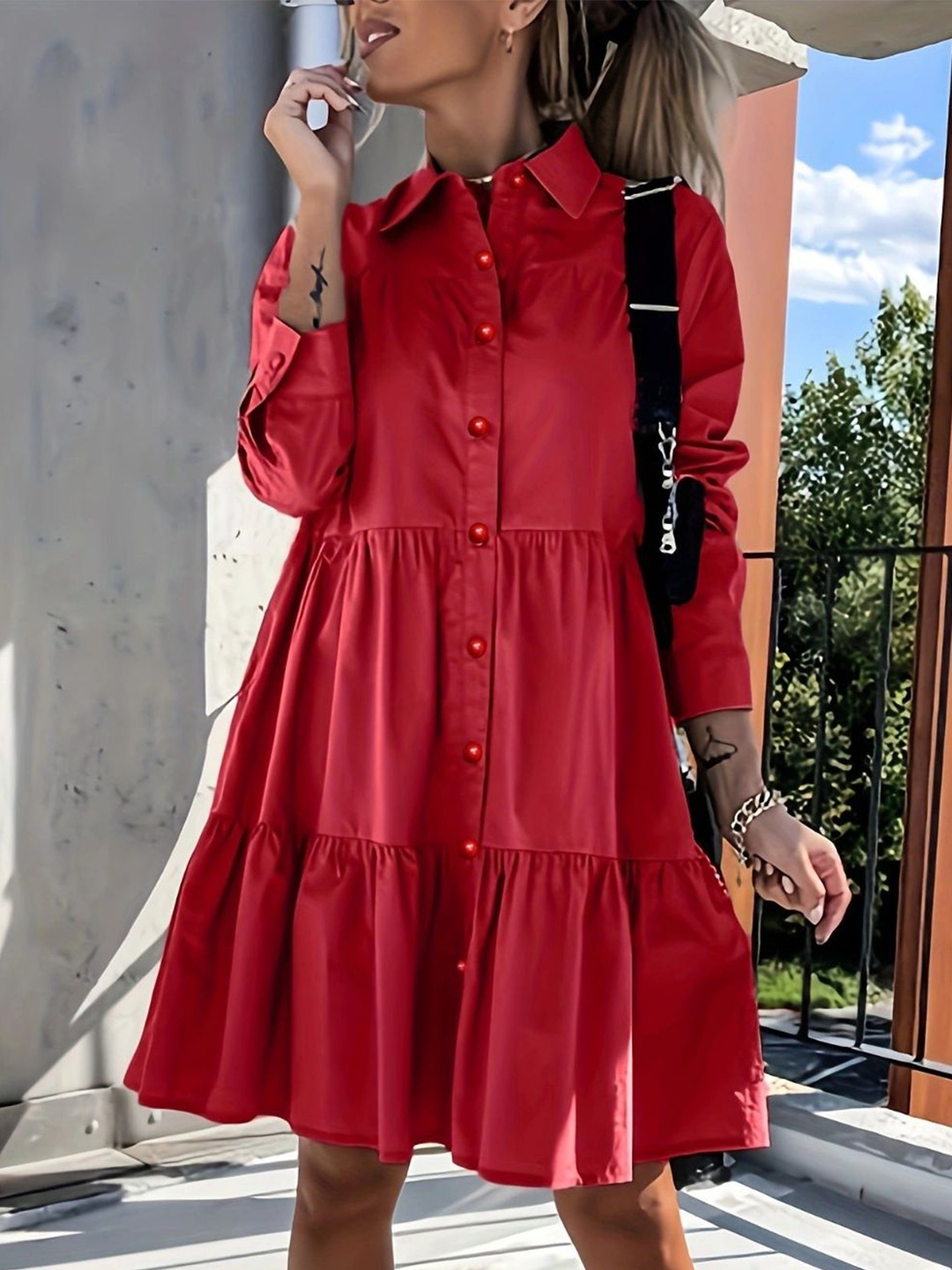 

DressBerry Red Cotton Tiered Shirt Dress