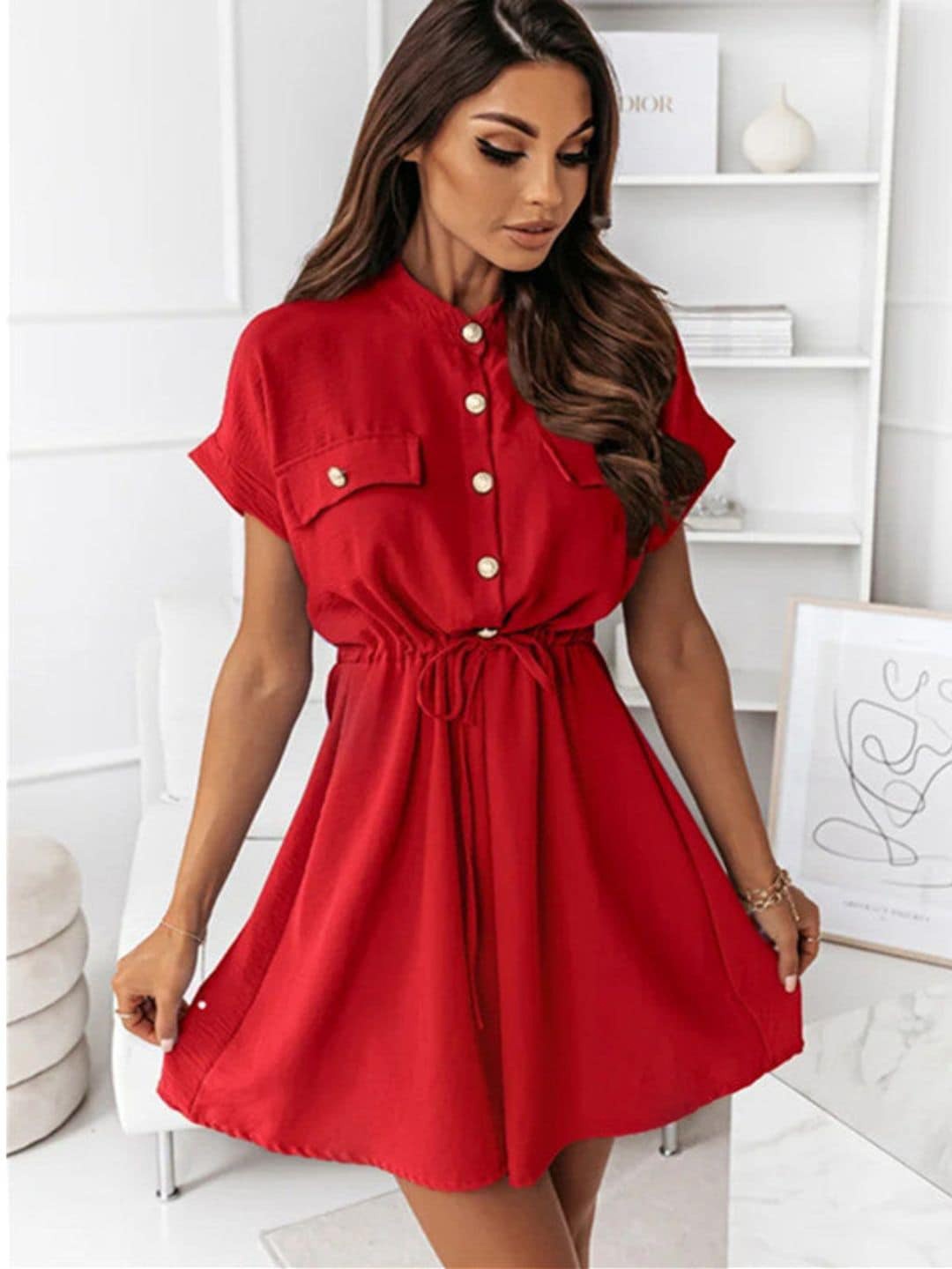 

DressBerry Red Extended Sleeves Tie Up Shirt Dress